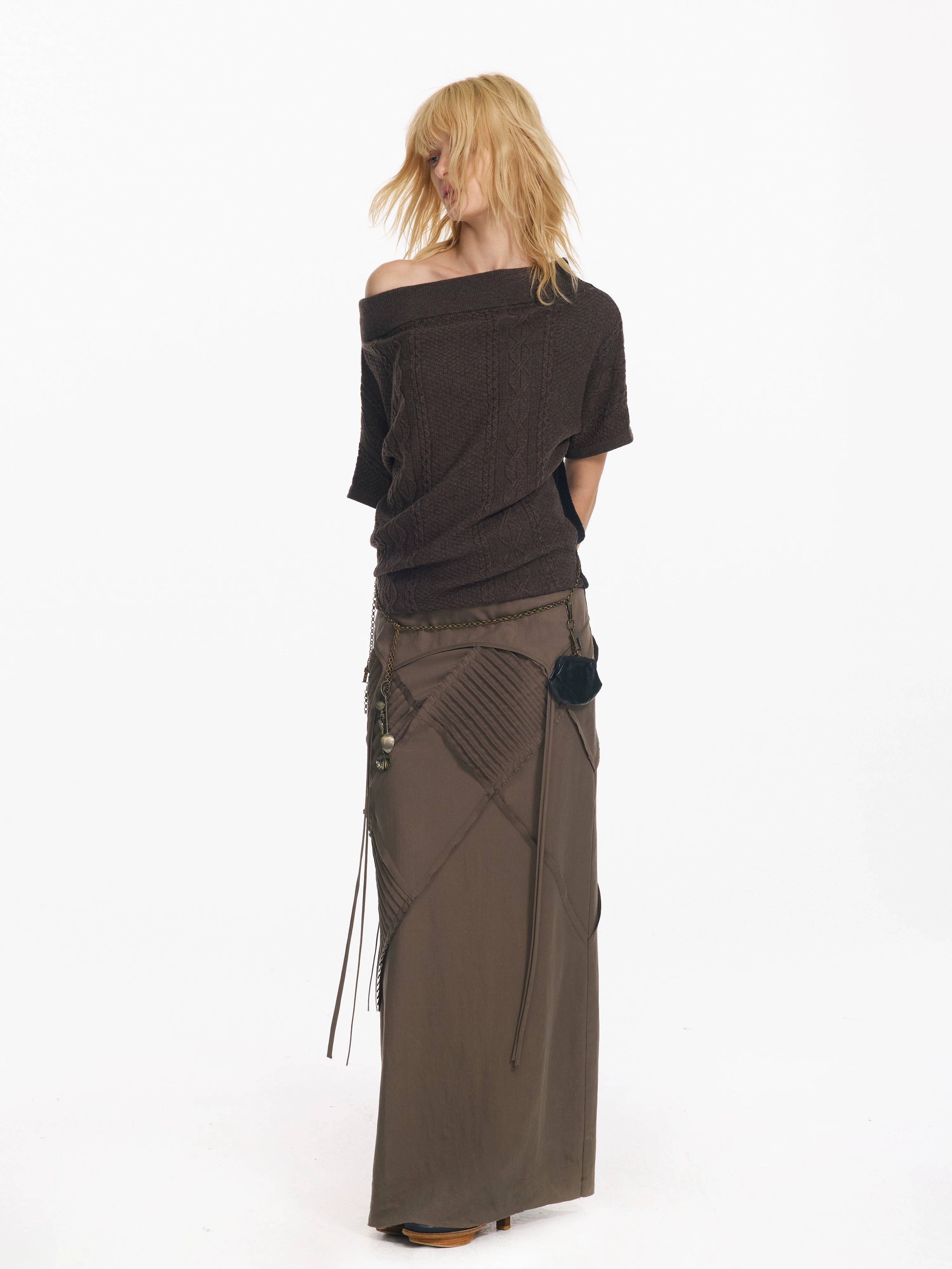 2th Desire 复古菱形格打条绑带长款直筒显瘦设计感低腰半身裙女