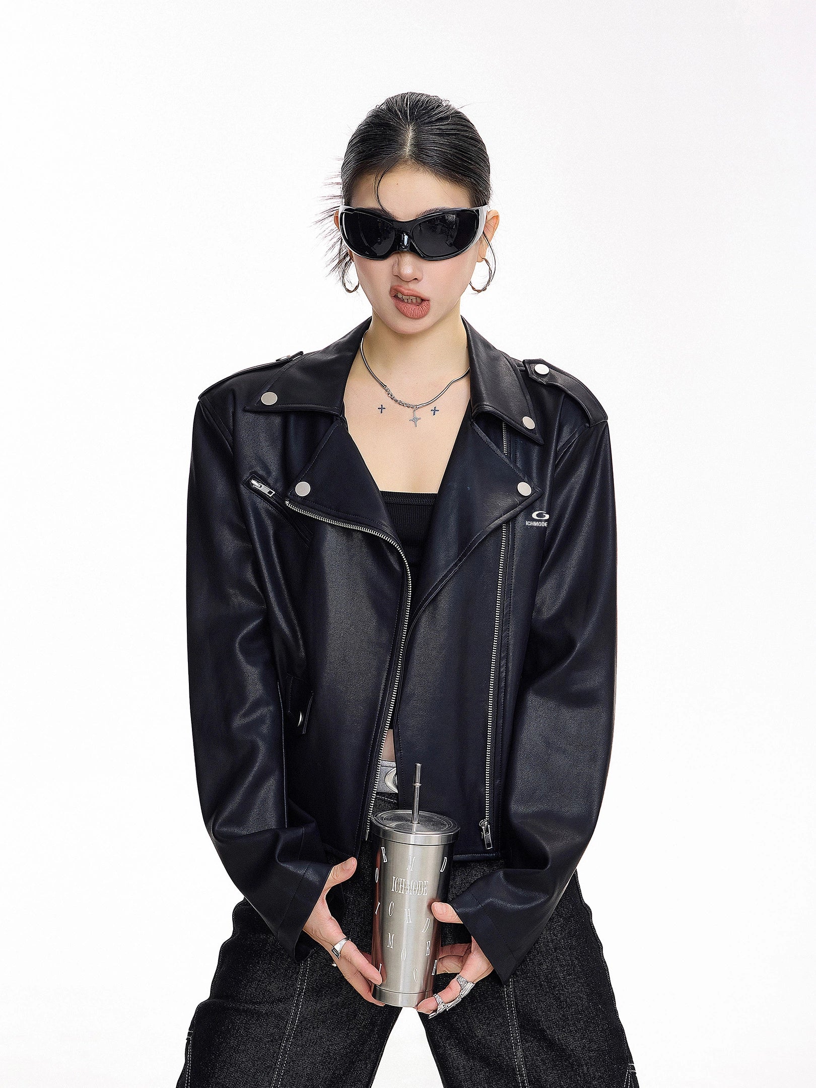 ICH MODE 美式复古机车皮衣外套女2025新款秋冬翻领工装夹克上衣