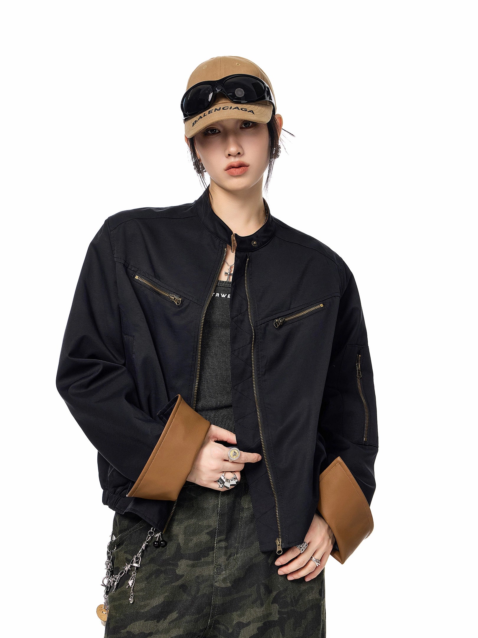 ICH MODE 美式复古工装短外套女2025新款秋冬巴恩风夹克立领上衣