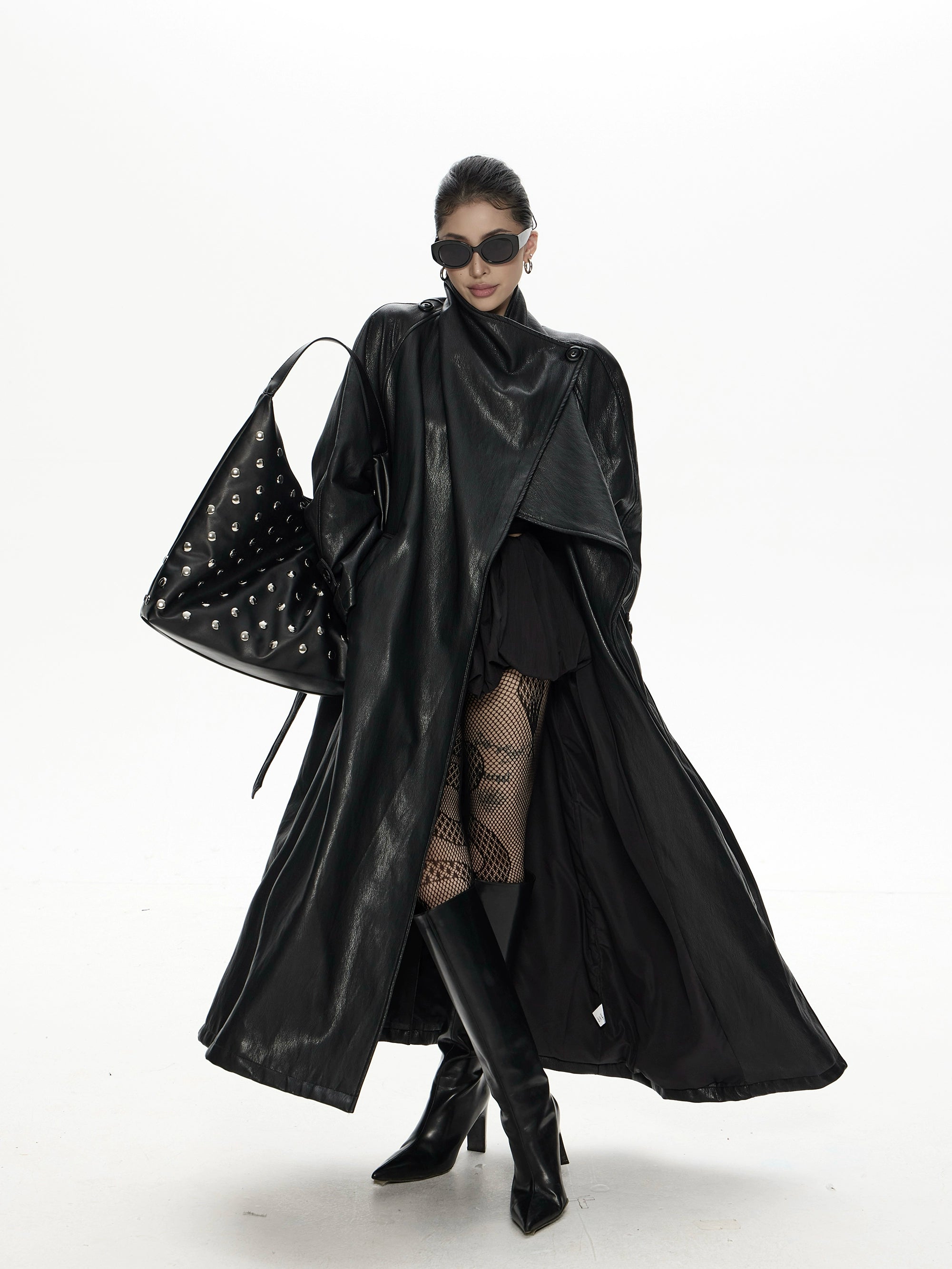 野生zero 翻领长款pu皮衣女秋冬2025新款酷飒风宽松大衣风衣外套