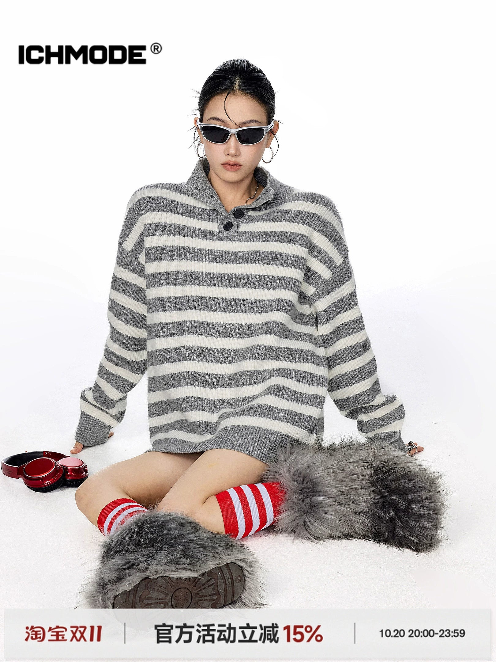 ICH MODE 美式复古POLO领条纹针织衫女秋冬宽松高领毛衣打底上衣