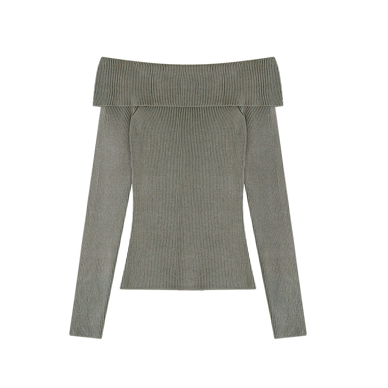 野生zerocircle灰绿色针织衫女春修身显瘦小众辣妹一字肩长袖上衣