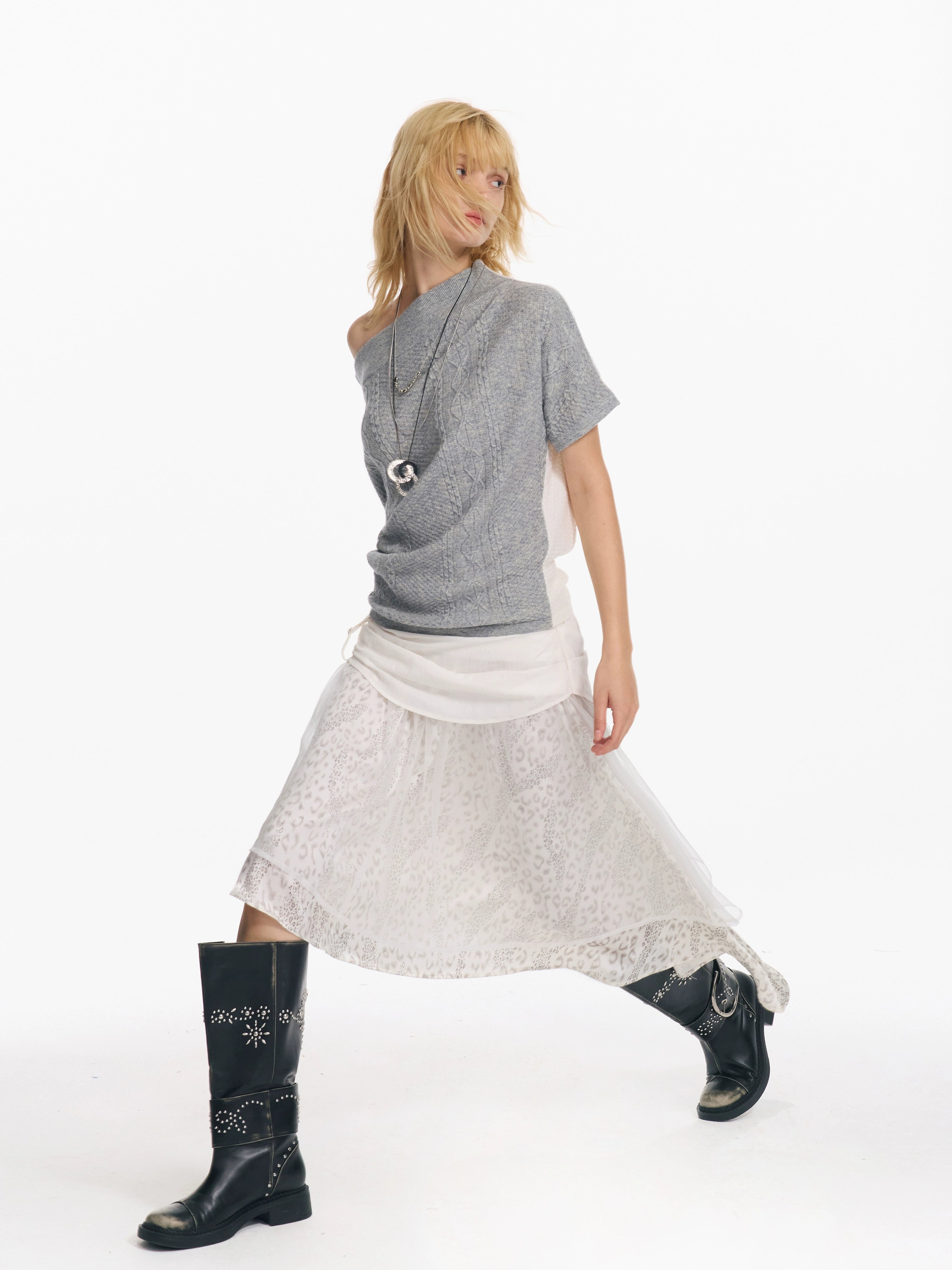 2th Desire 不规则豹纹拼接网纱修身细闪氛围感复古多层半身裙女