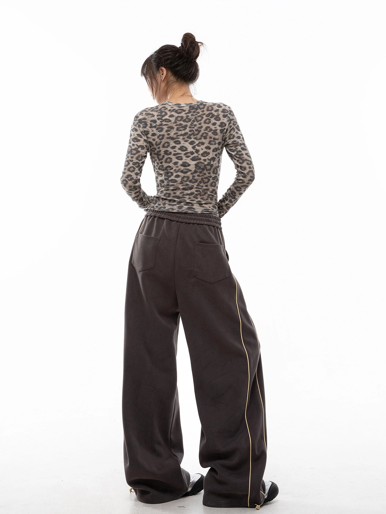 ICH MODE 美式复古条纹休闲裤女直筒宽松阔腿裤运动裤百搭卫裤