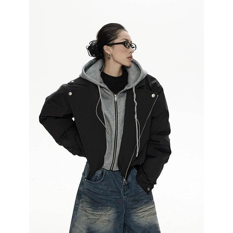 野生zero 假两件夹克棉服女秋冬新款设计感小众连帽宽松棉衣外套