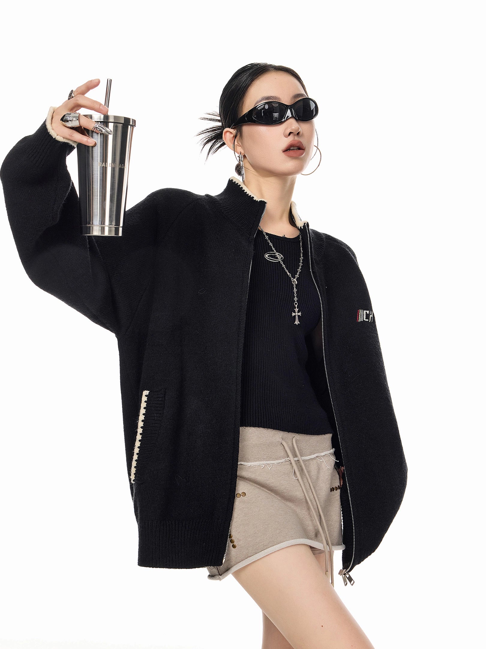 ICH MODE 美式复古撞色立领毛针织开衫女秋冬季宽松慵懒毛衣外套