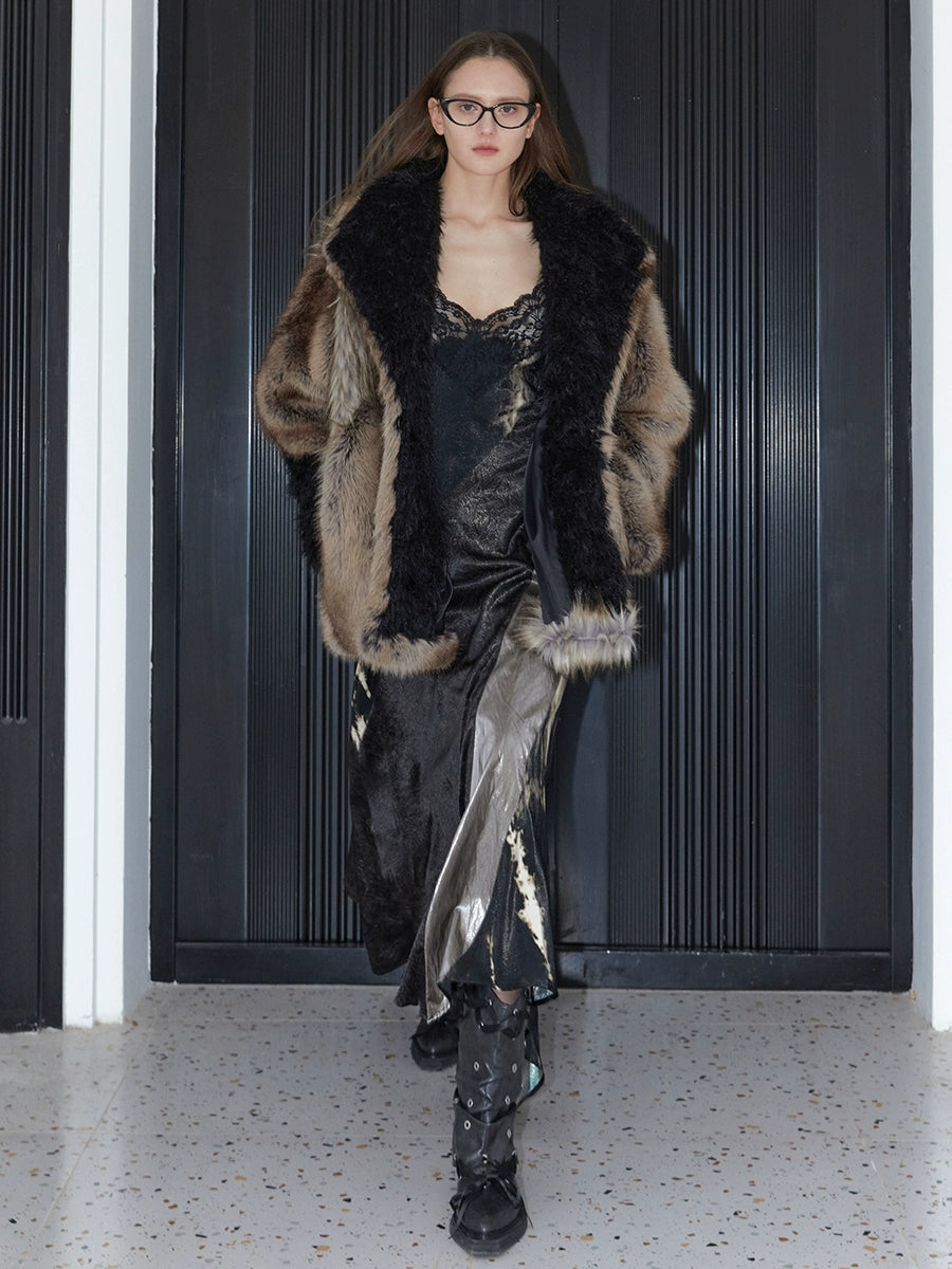 2th Desire重工拼色厚实环保皮草外套女复古中长款大衣毛毛外套冬