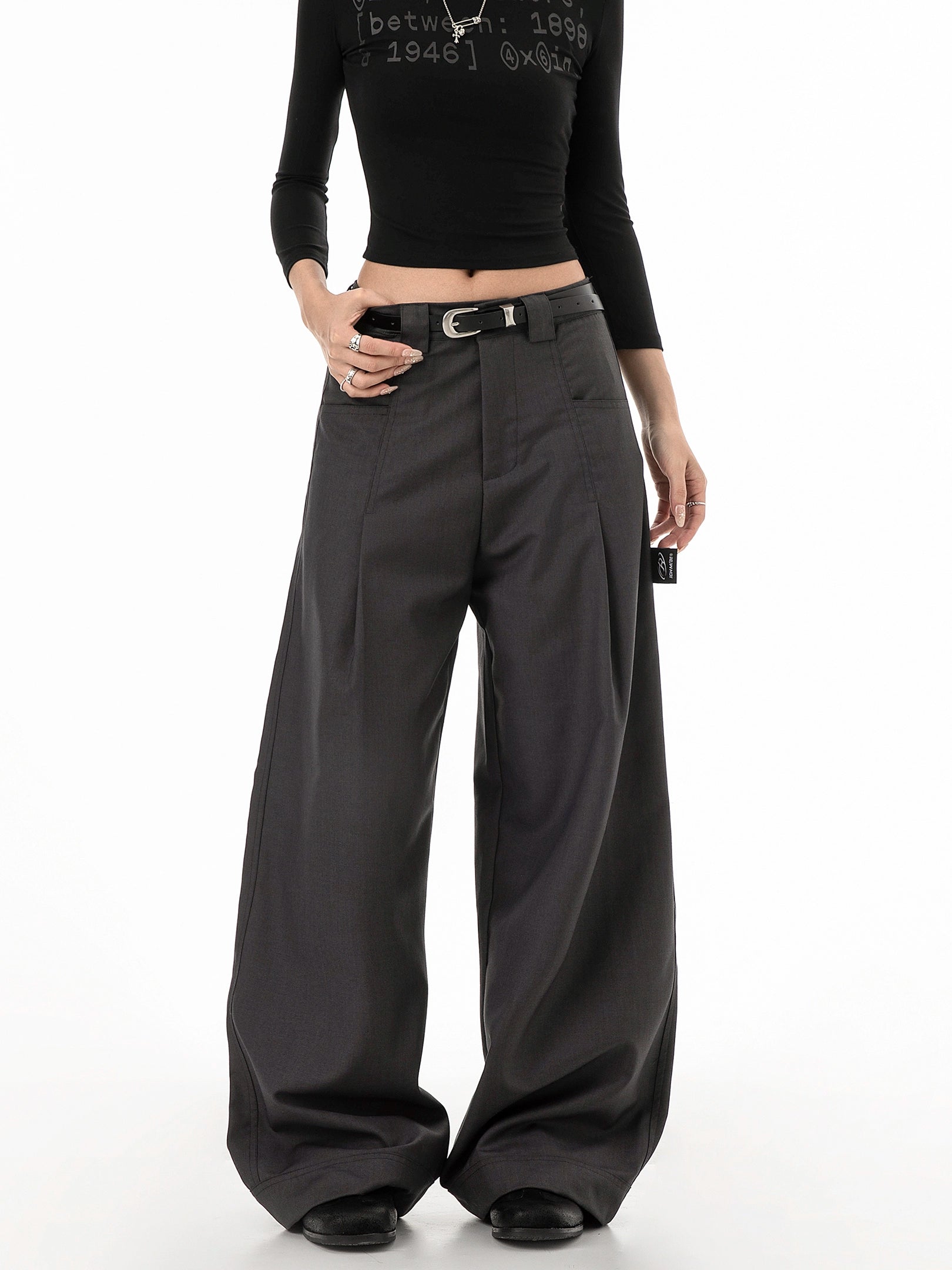 ICH MODE 美式复古刺绣休闲裤女秋冬宽松直筒裤阔腿裤垂感西装裤