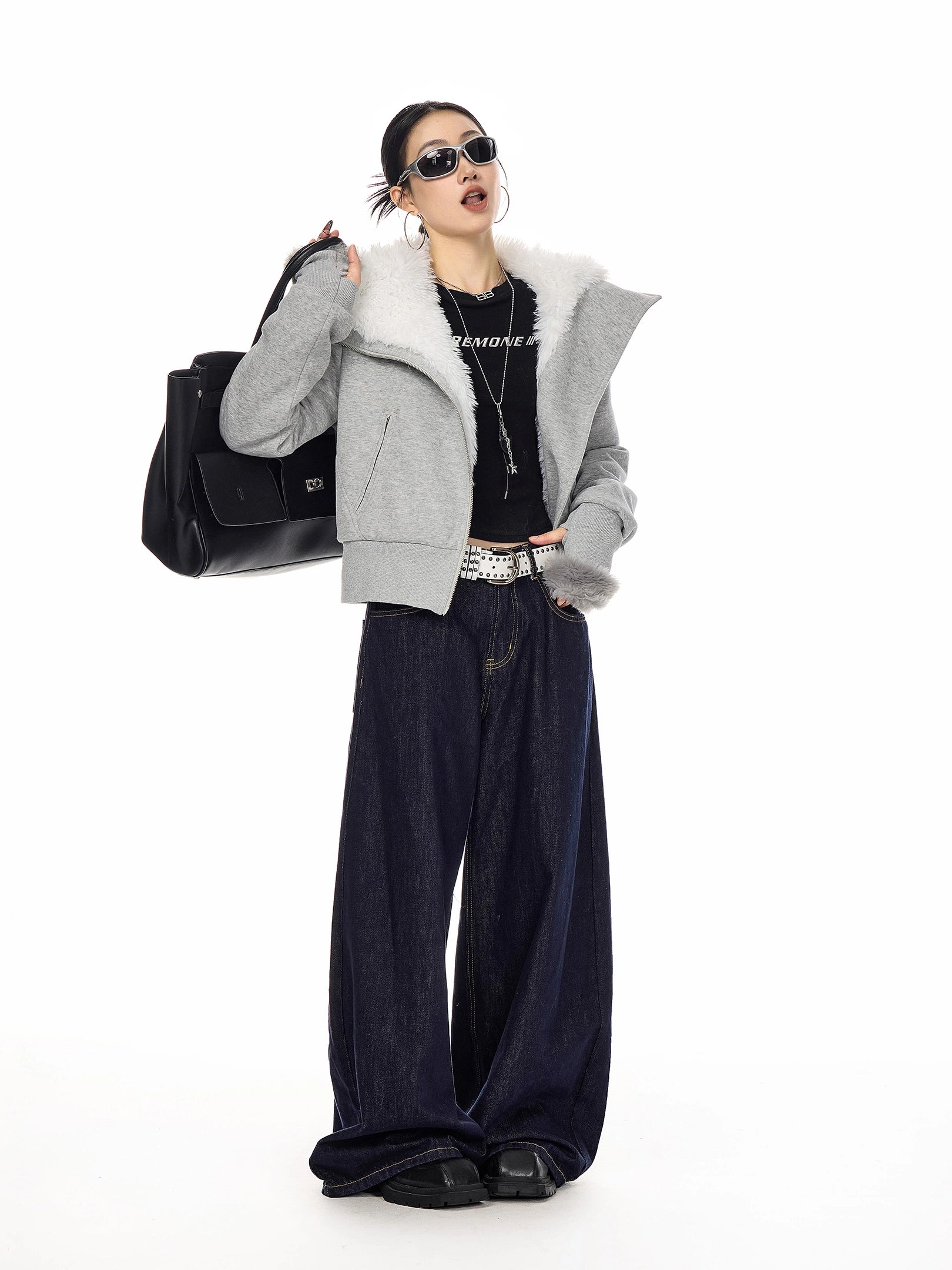 ICH MODE 美式复古毛绒内胆毛领棉服女2025冬季新款修身短款棉衣