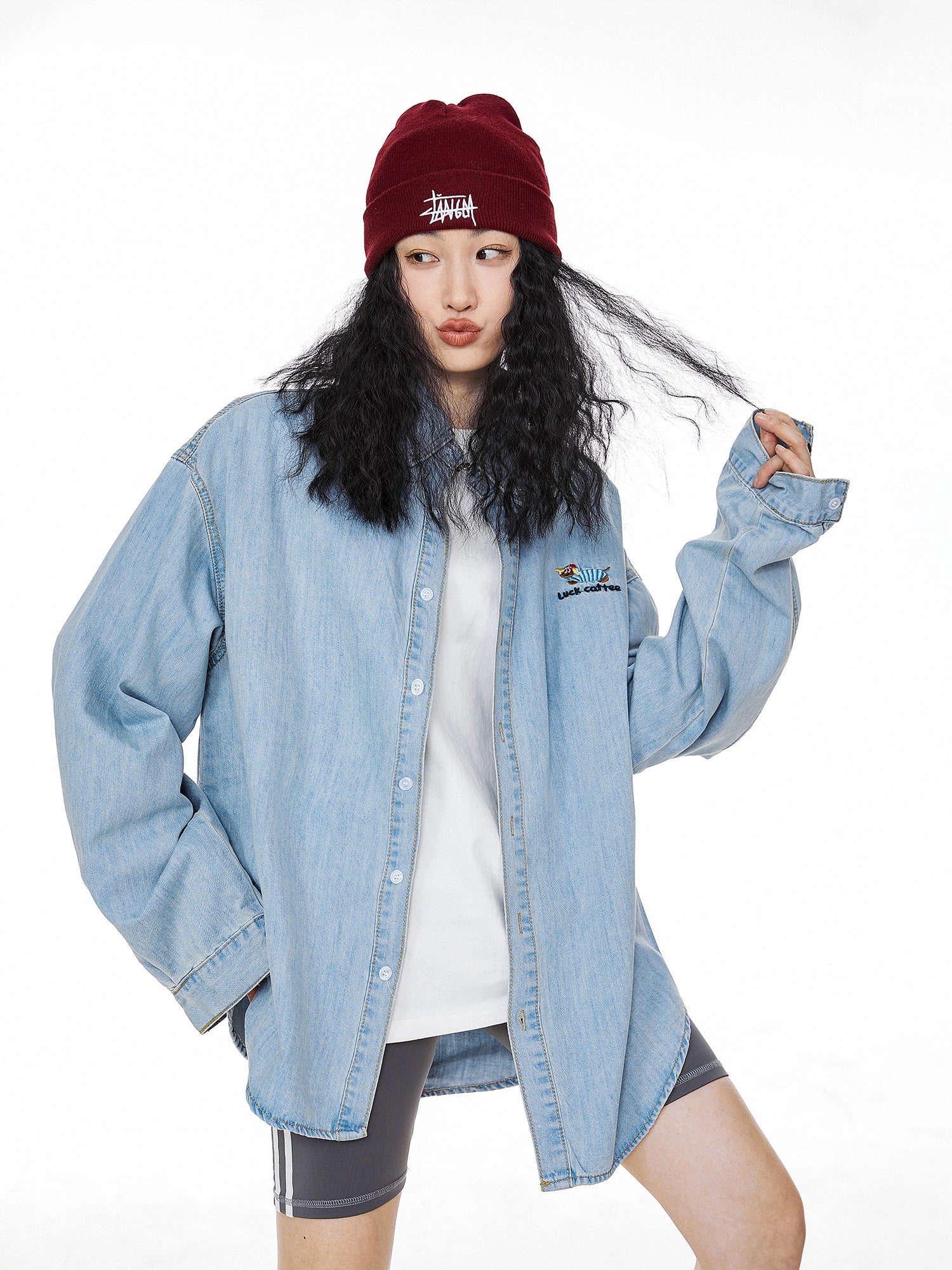 ICH MODE 美式复古刺绣长袖牛仔衬衫女秋冬百搭宽松休闲衬衣外套