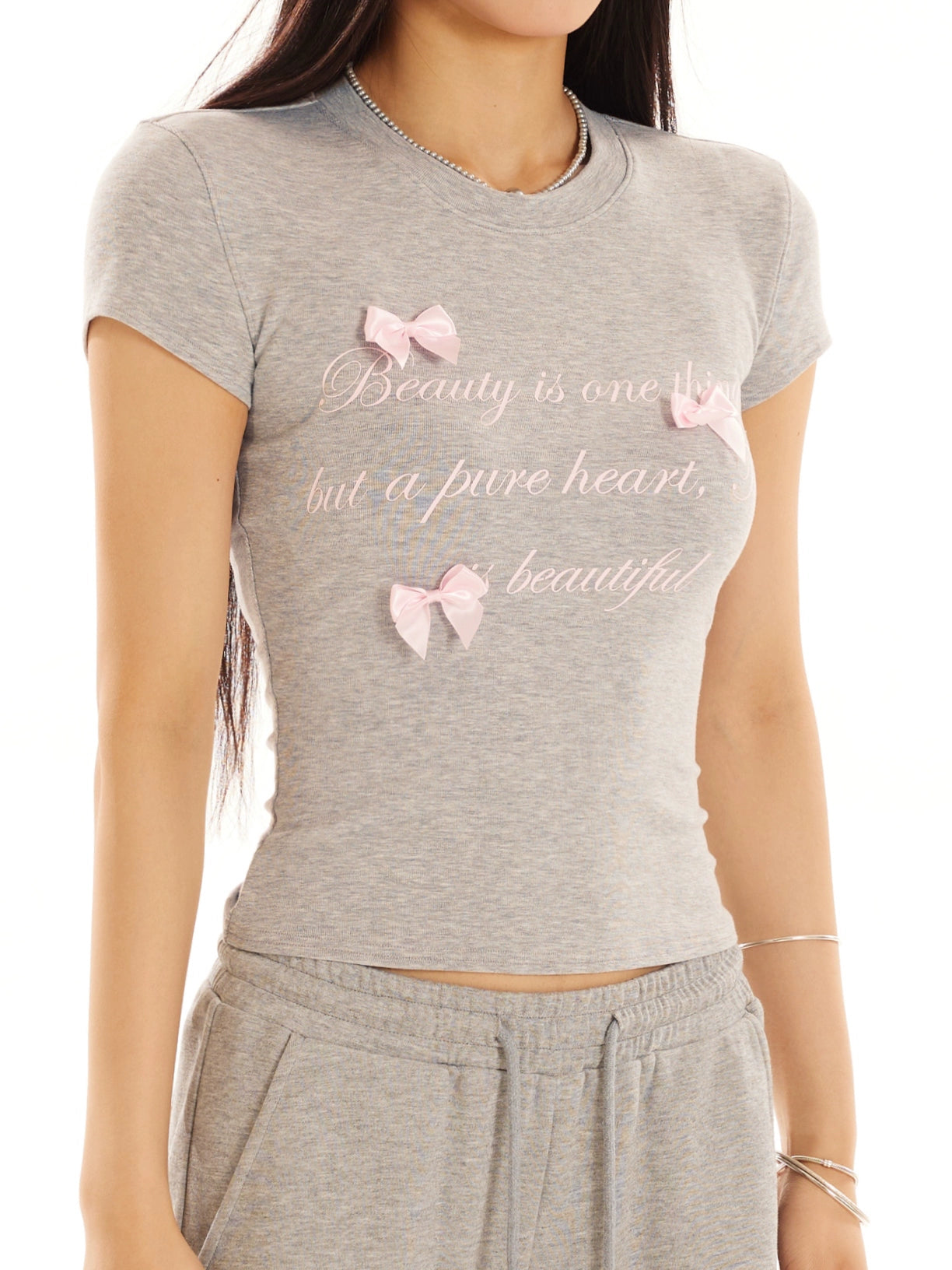 野生zero 白灰色正肩短袖t恤女夏季修身显瘦印花蝴蝶结甜辣小上衣