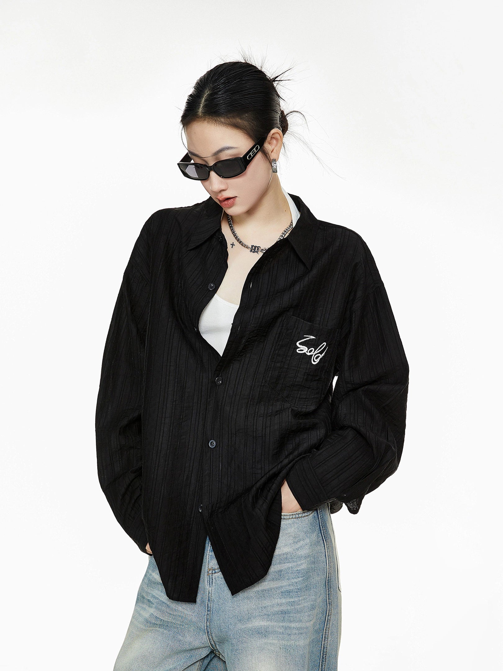 ICH MODE 美式复古刺绣长袖衬衫女夏轻薄物理防晒莱赛尔衬衣外套