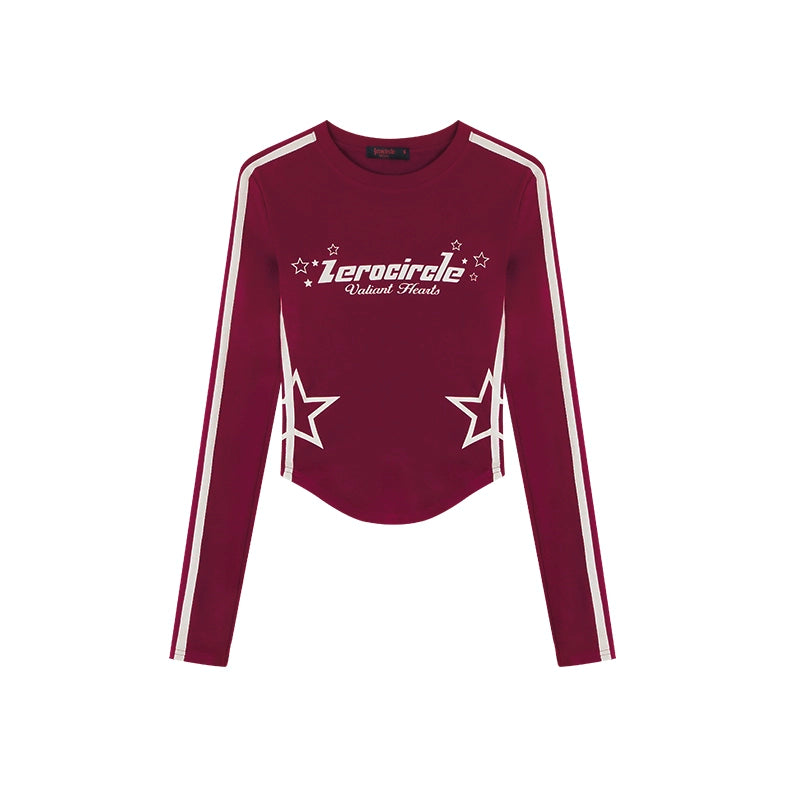 野生zerocircle白红色正肩长袖t恤女春夏辣妹修身印花u型下摆上衣
