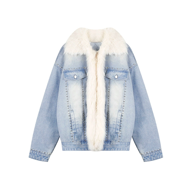 野生zerocircle毛领加厚牛仔外套女秋冬夹棉韩系慵懒风设计感显瘦