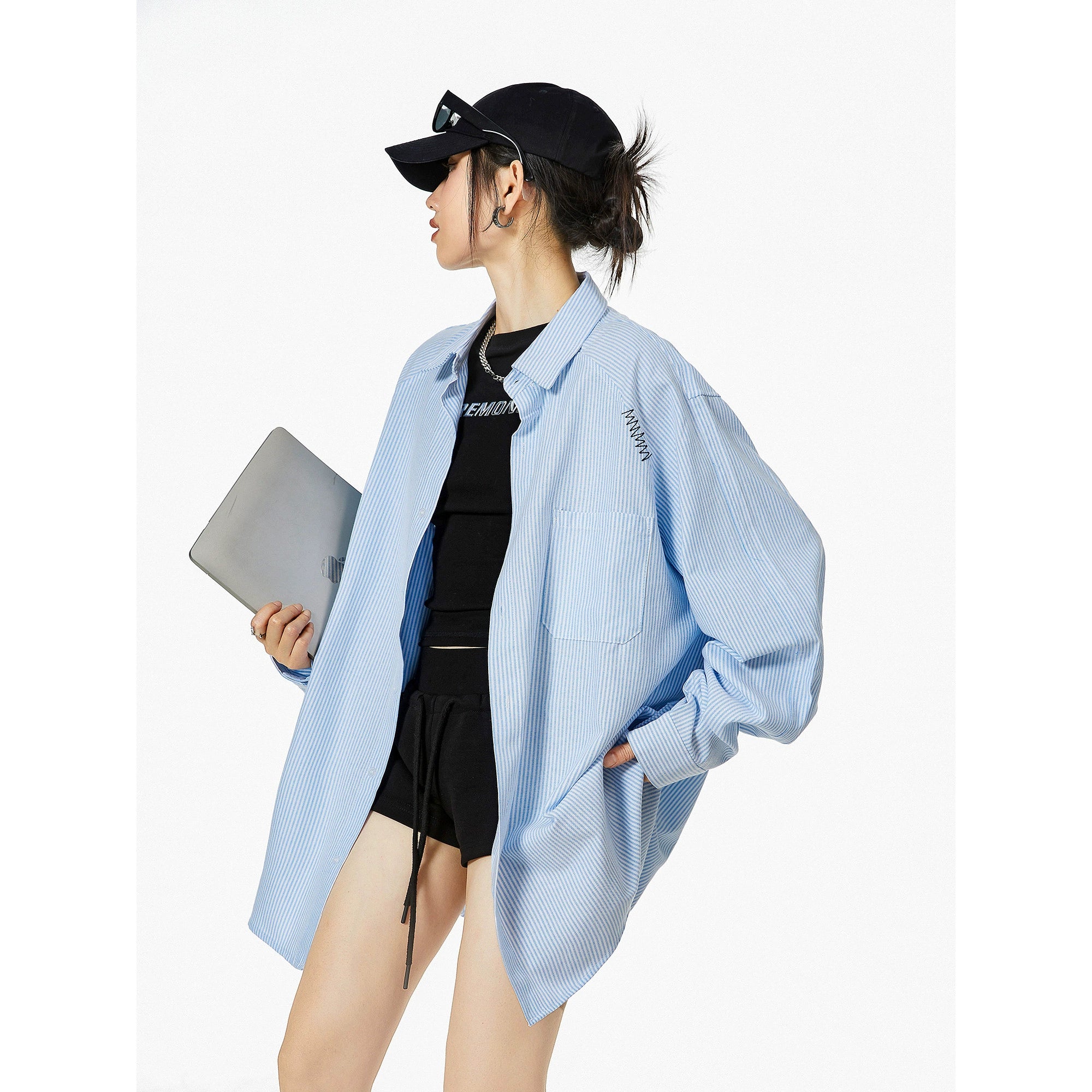 ICH MODE 美式复古条纹蓝色衬衫女秋2025新款宽松衬衣外套上衣