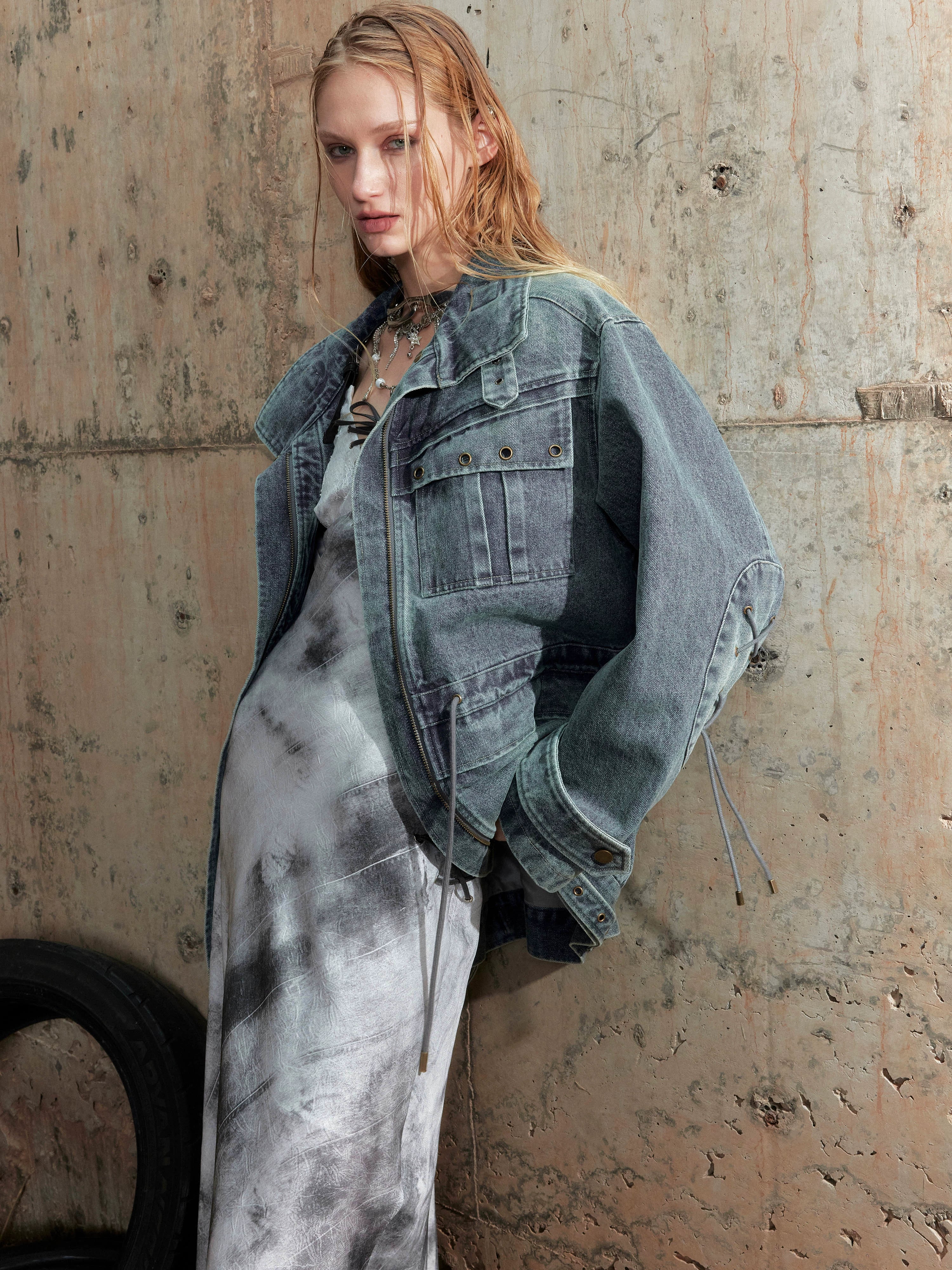 2th Desire美式复古重磅做旧擦色皮衣外套女廓形秋季机车工装夹克