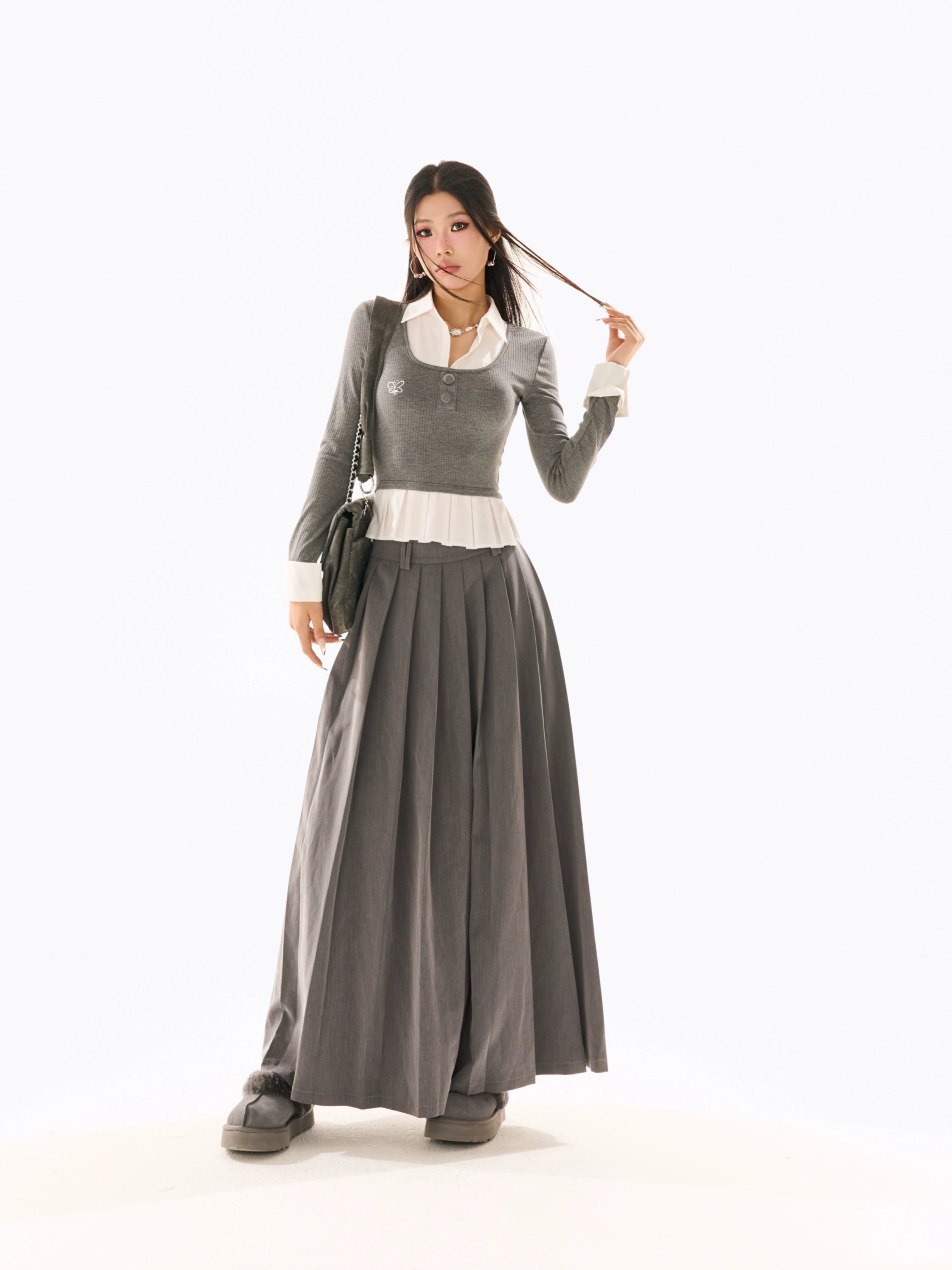 野生zerocircle灰色假两件针织衫女春季韩系修身显瘦拼接长袖上衣