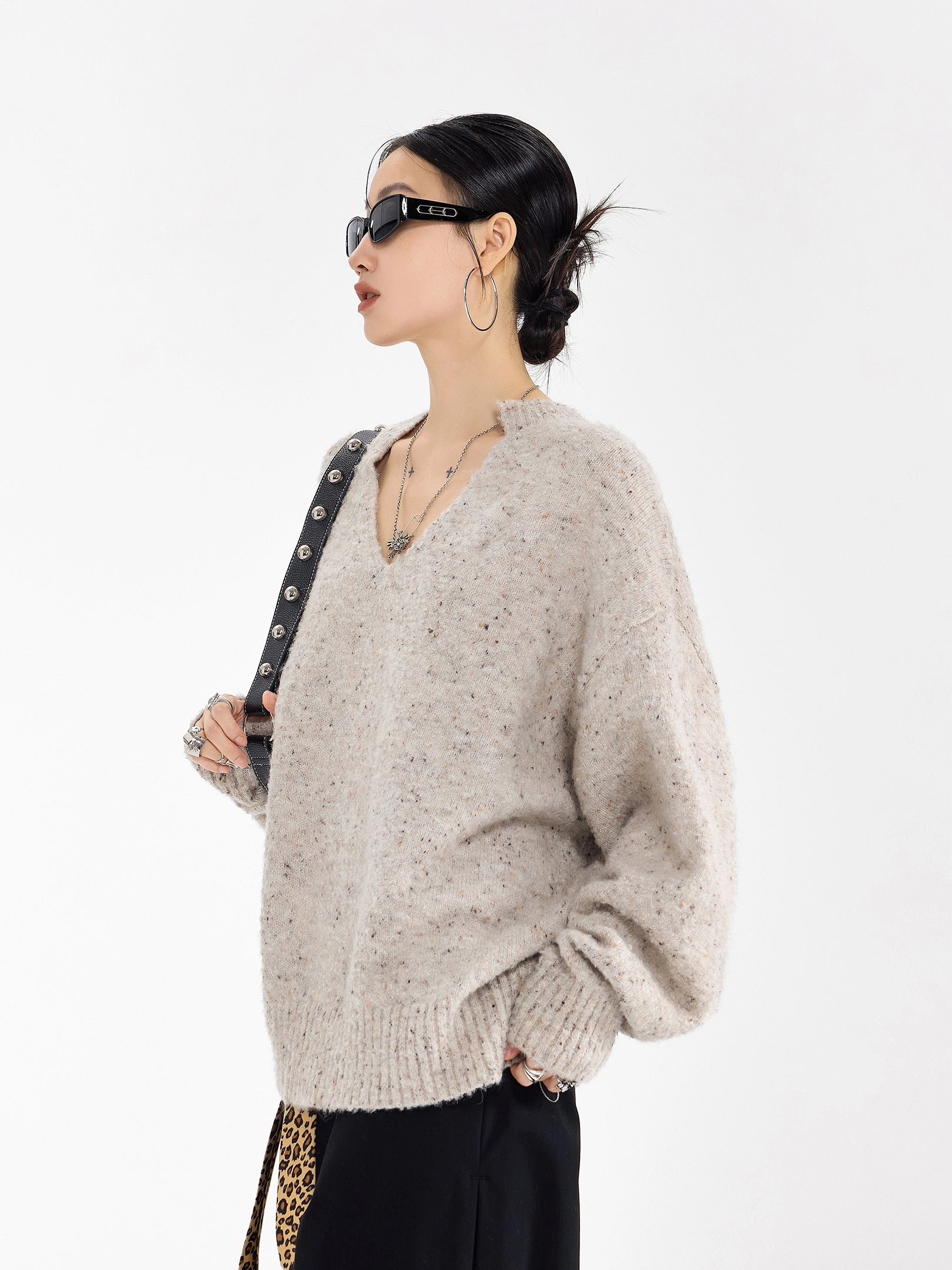 ICH MODE 美式复古V领套头毛衣女秋冬季慵懒宽松针织衫外套高级感