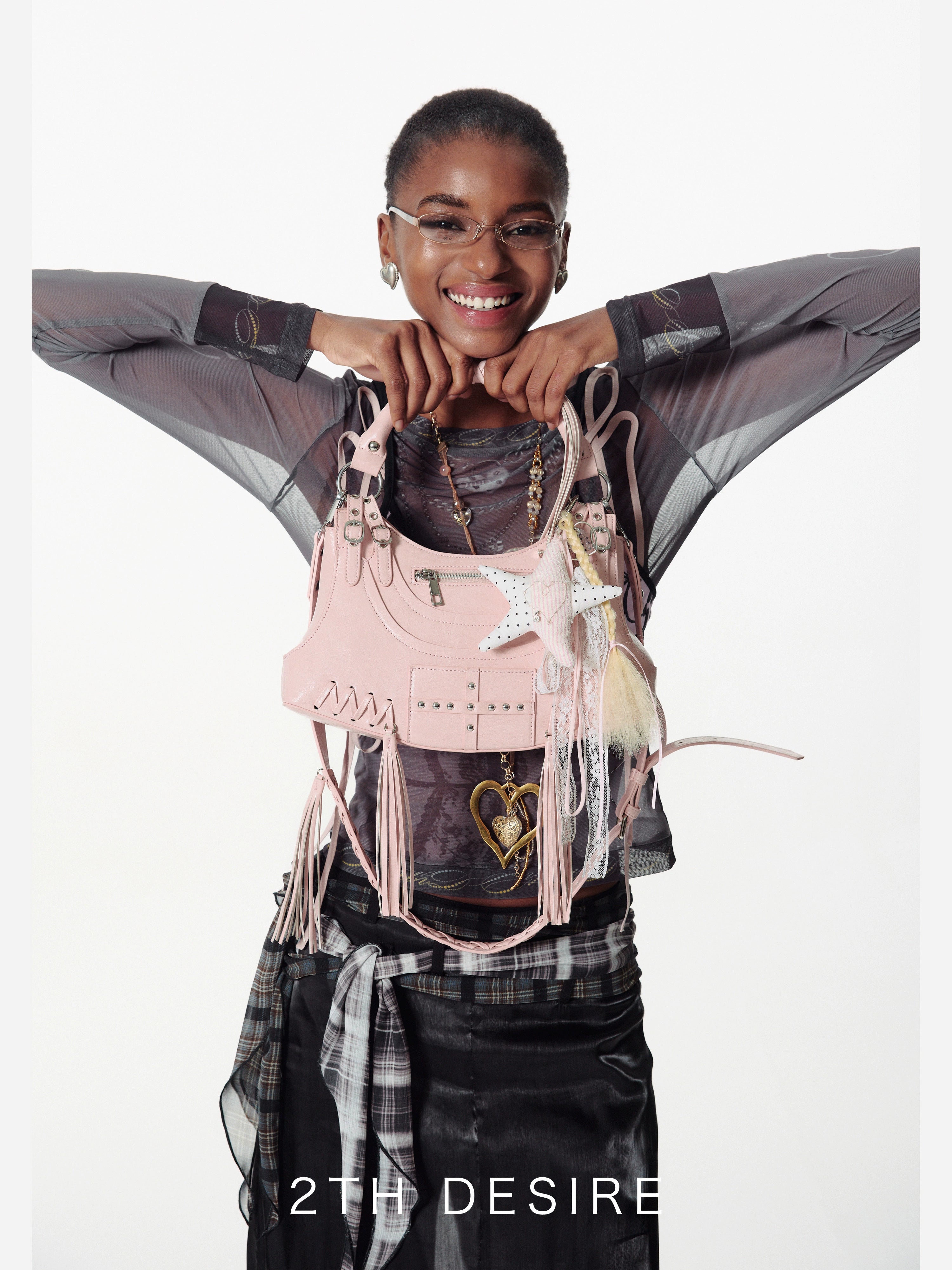 2th Desire手工编制波点豹纹撞色五角星爱心编发蕾丝飘带包挂项链