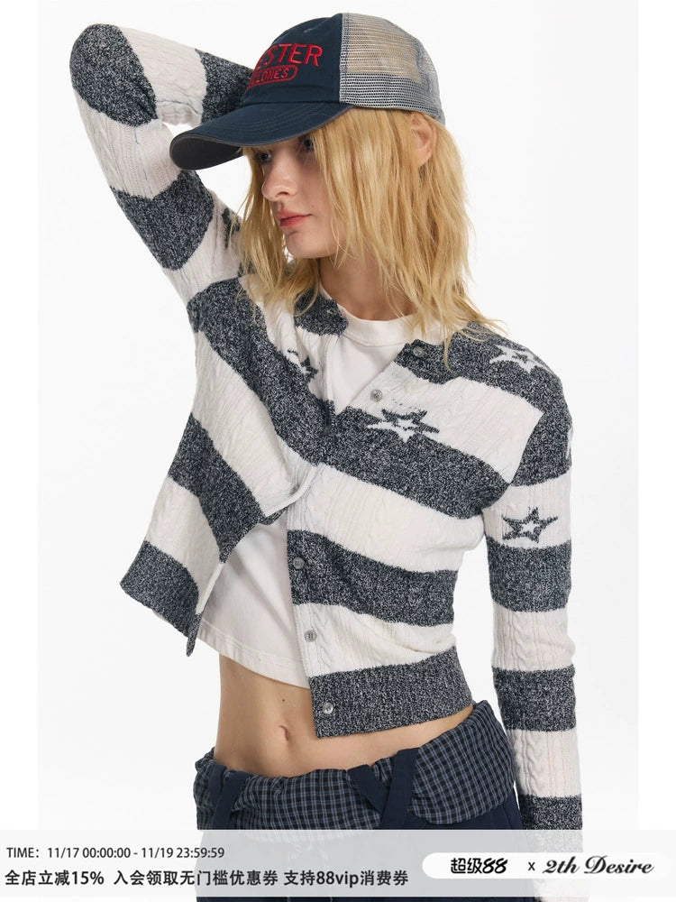 2th Desire星星绞花复古撞色条纹羊毛针织衫时尚休闲短款毛衣外套