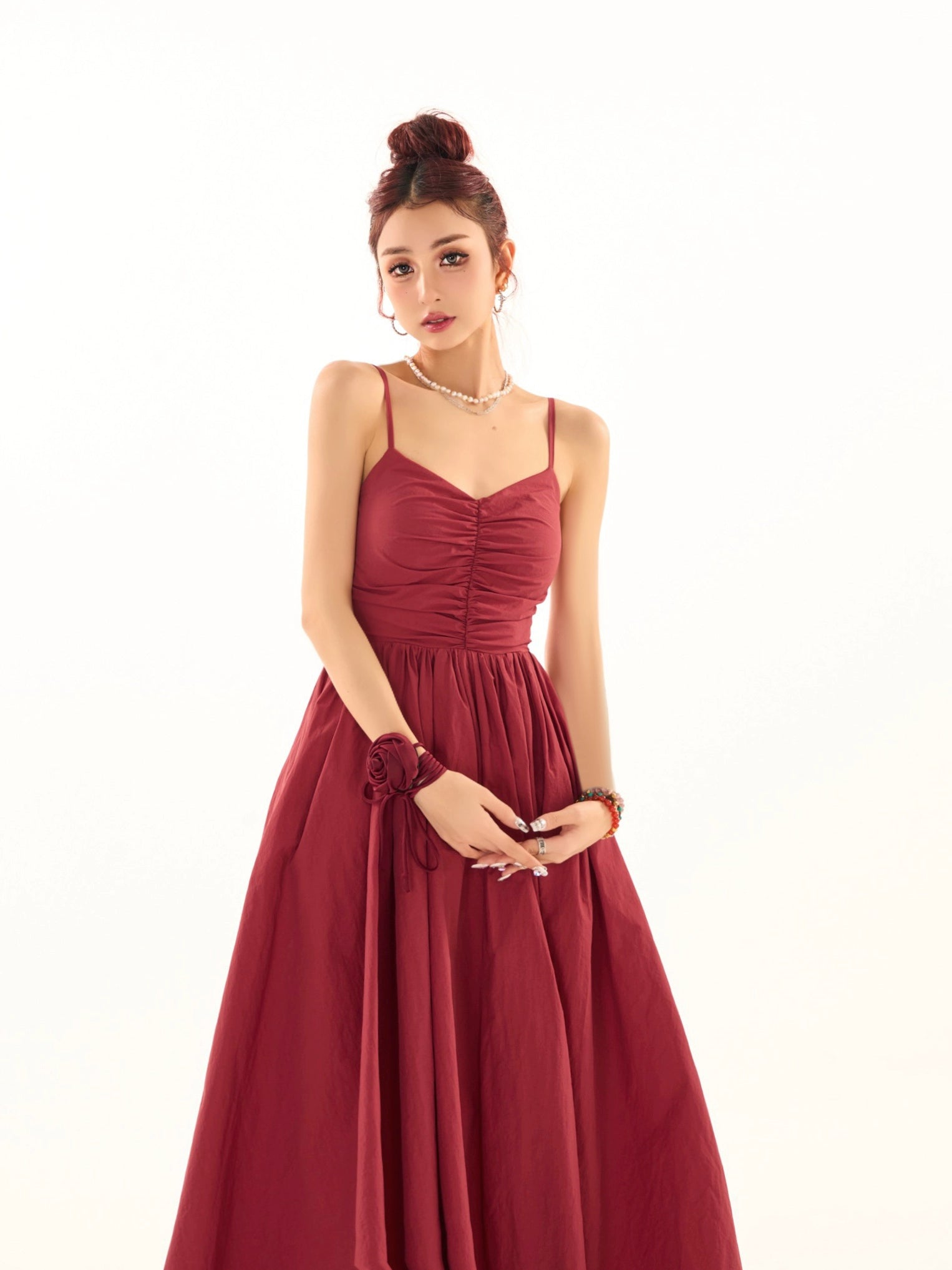 野生zerocircle黑红色v领露背吊带连衣裙女夏季辣妹显瘦a字长裙子