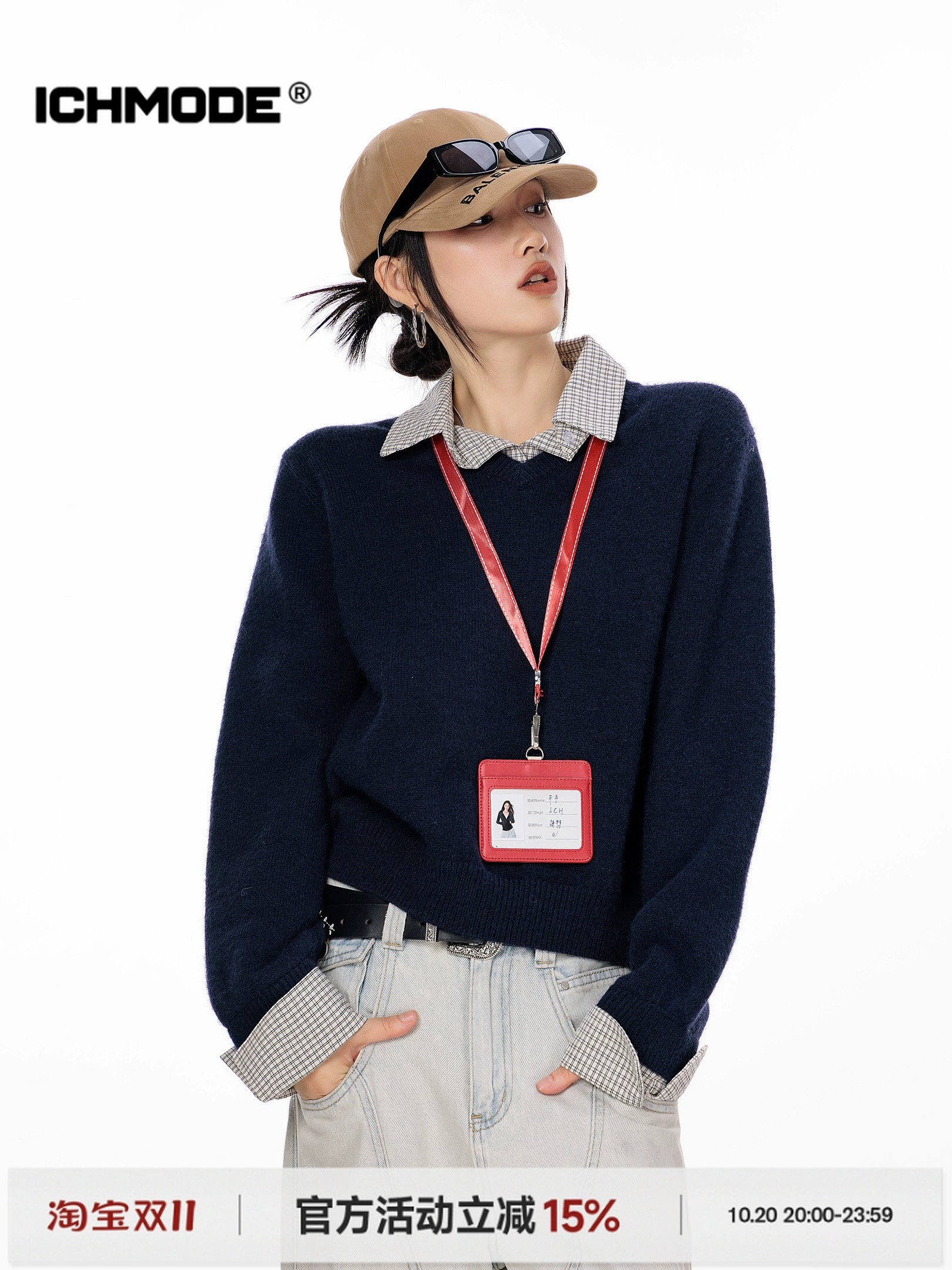 ICH MODE 美式复古假两件格子拼接毛衣女秋冬季毛针织衫POLO上衣