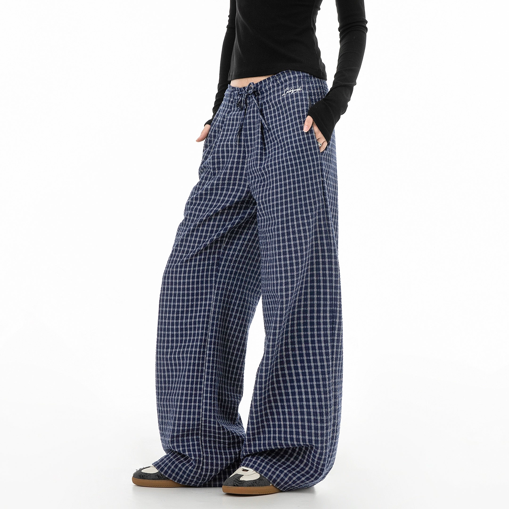 ICH MODE 美式复古宽松休闲裤女运动格子裤百搭直筒阔腿裤长裤子