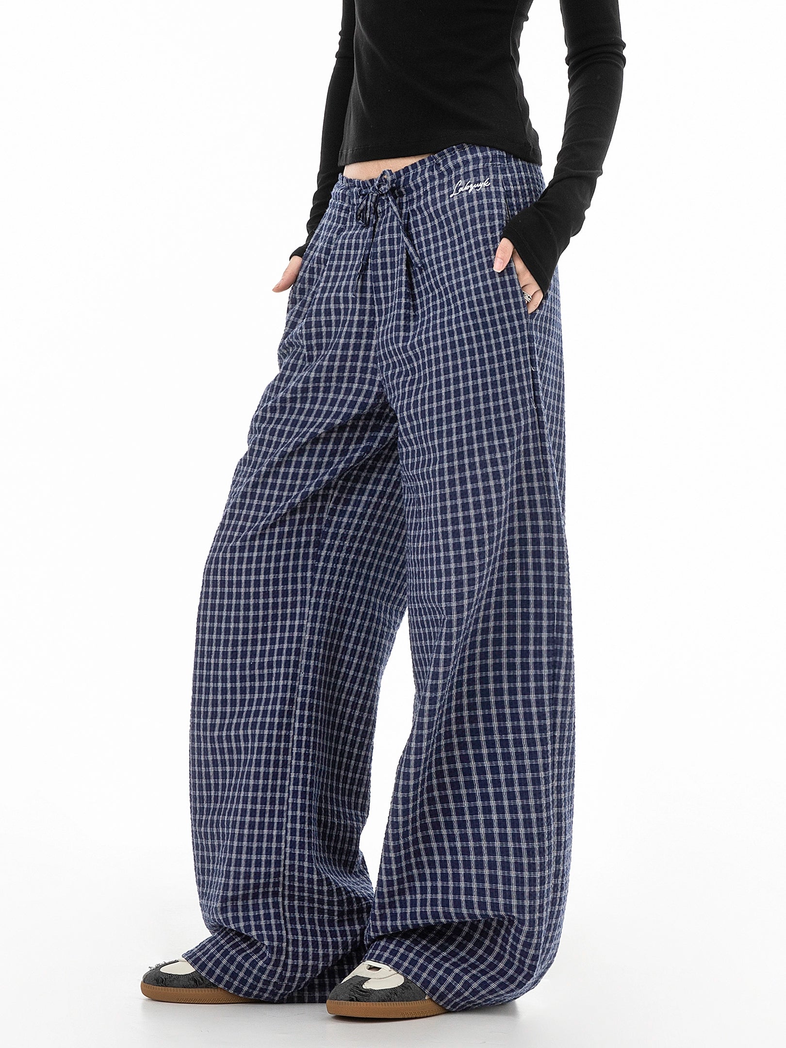 ICH MODE 美式复古宽松休闲裤女运动格子裤百搭直筒阔腿裤长裤子