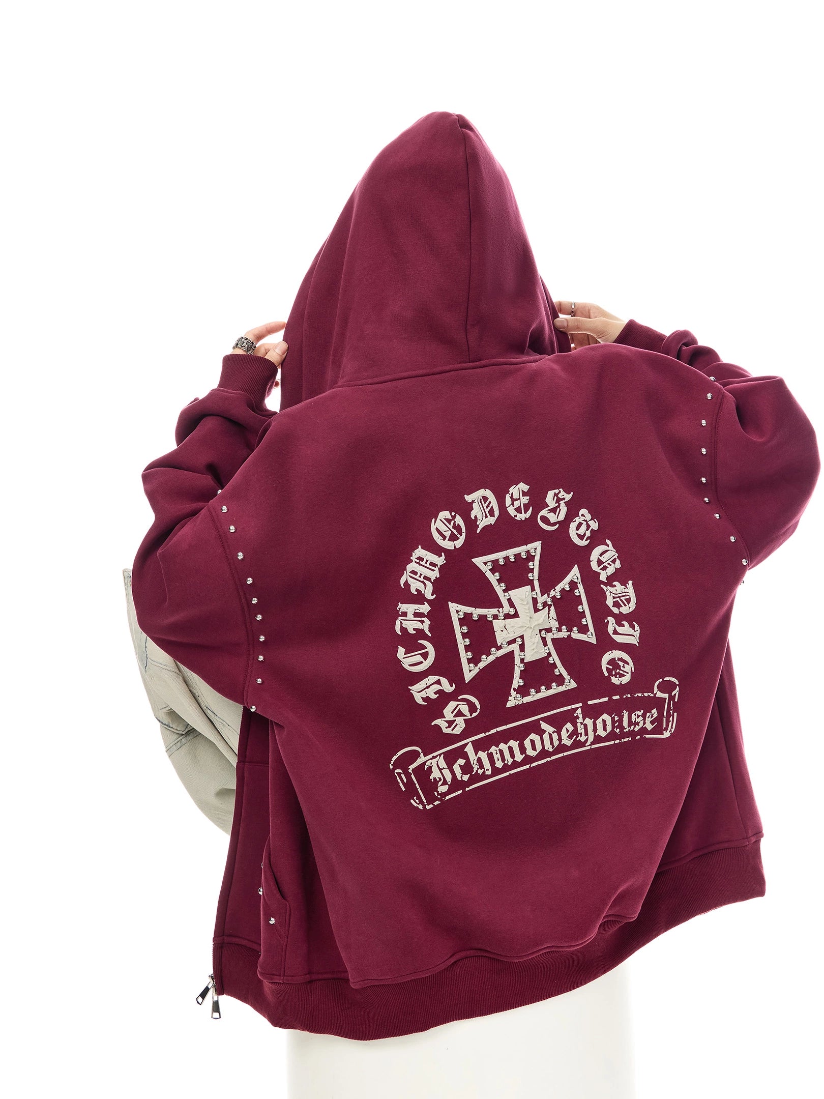 ICH MODE 美式哥特风复古钢珠加绒外套女秋冬季连帽上衣开衫卫衣