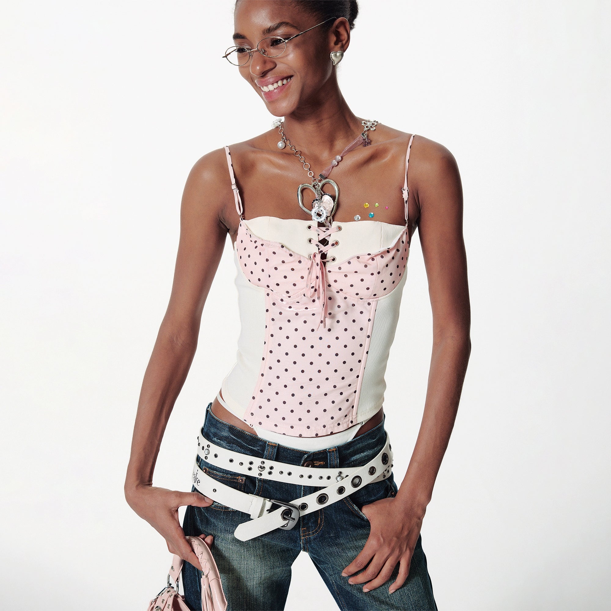 2th Desire复古手工铝丝格纹波点撞色露背绑带吊带背心无袖上衣女