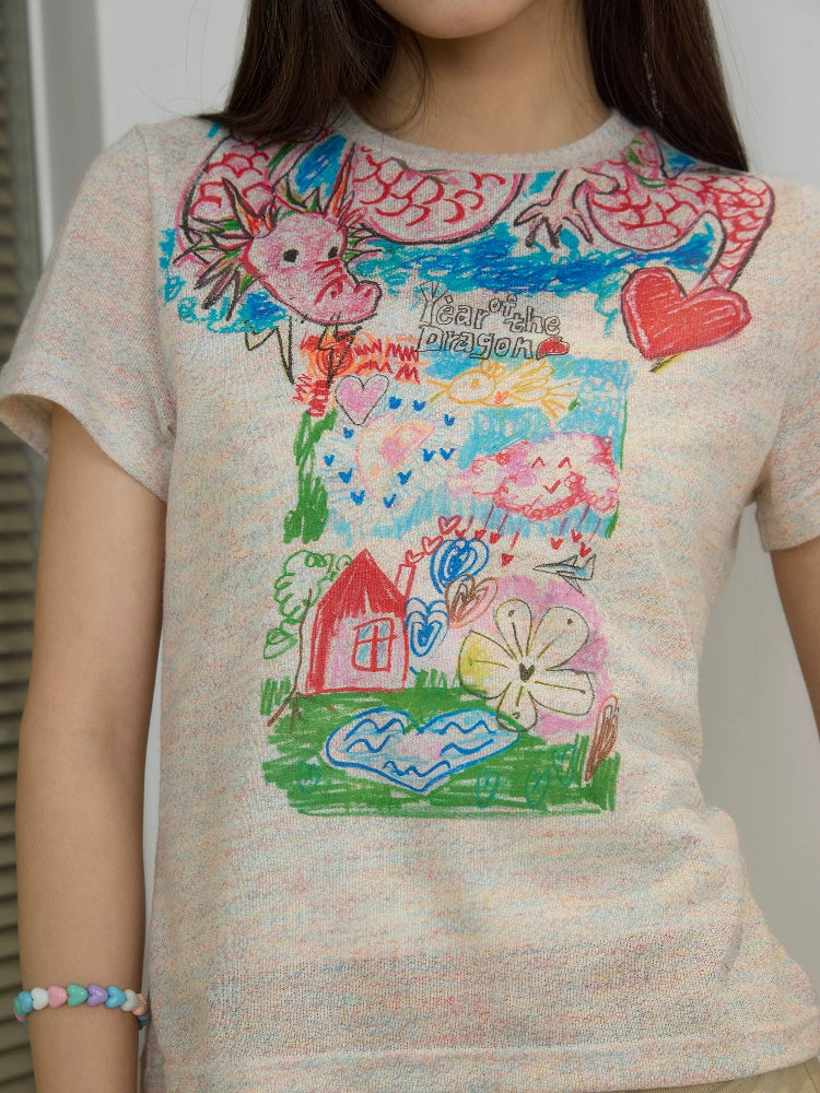 “过肩龙”| eeee原创涂鸦彩纱短袖修身少女感温柔风辣妹T恤夏季