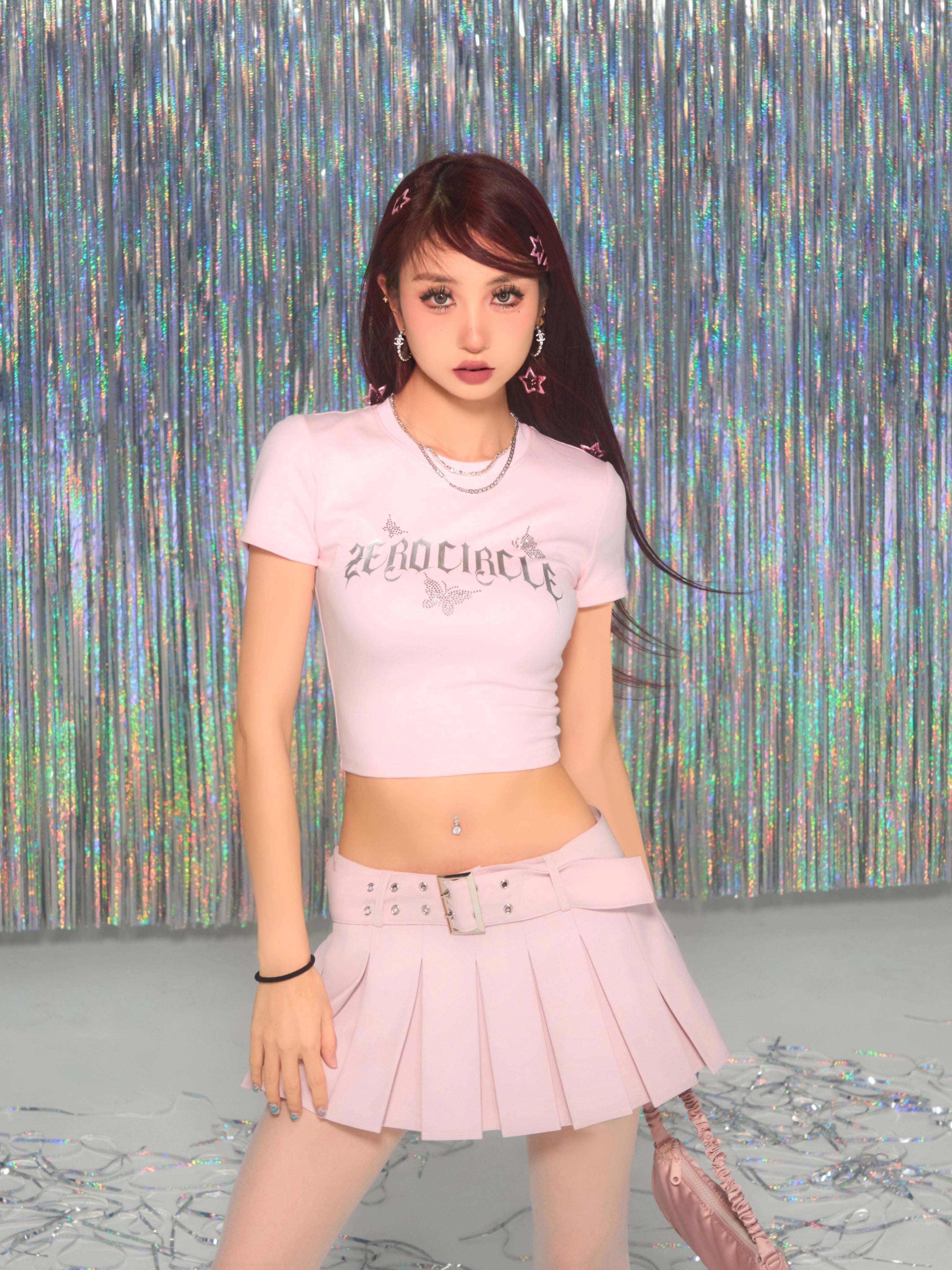 野生zerocircle 黑粉色烫钻正肩短袖t恤女夏辣妹修身显瘦短款上衣