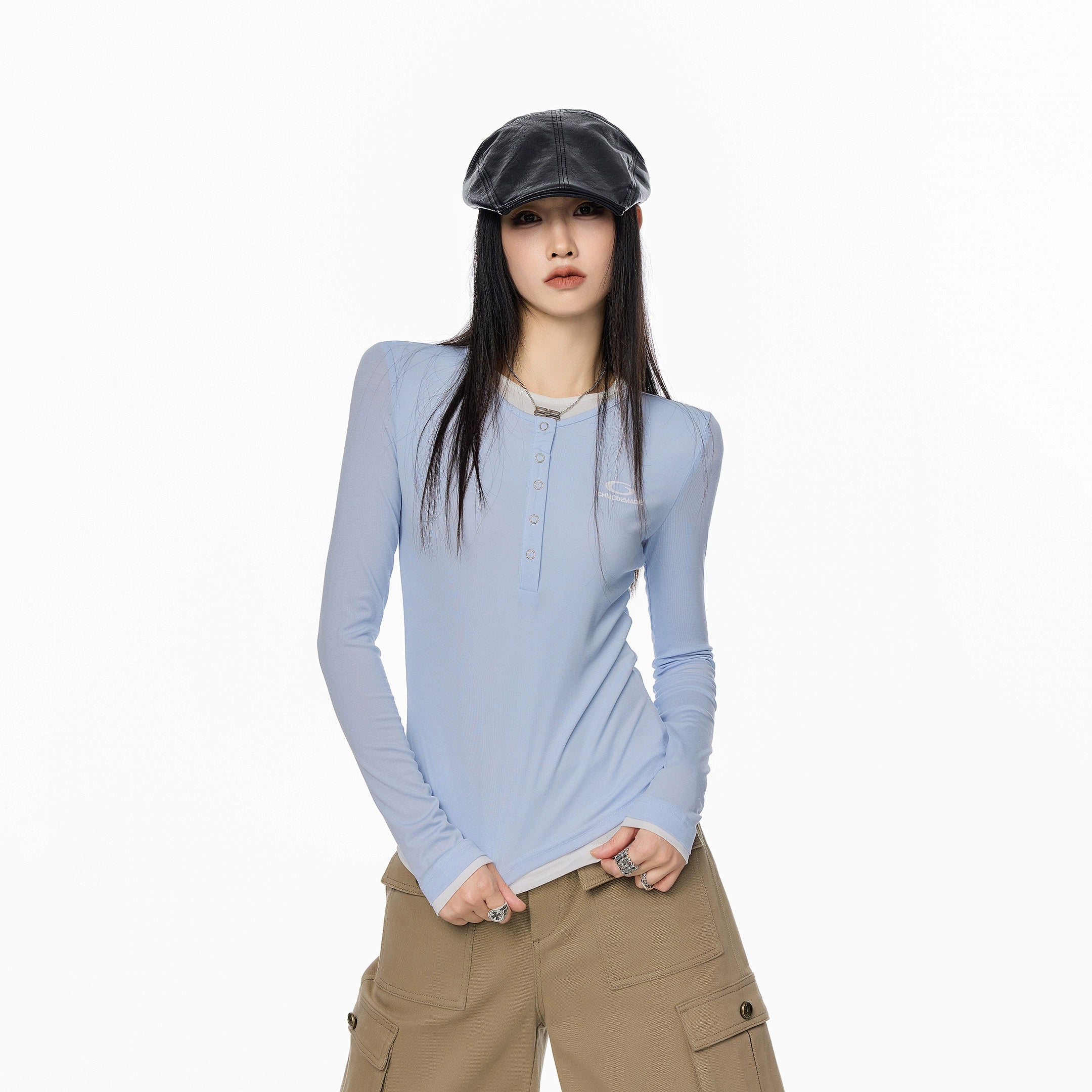 ICH MODE 美式亨利领假两件正肩长袖T恤女秋冬修身一字肩打底上衣