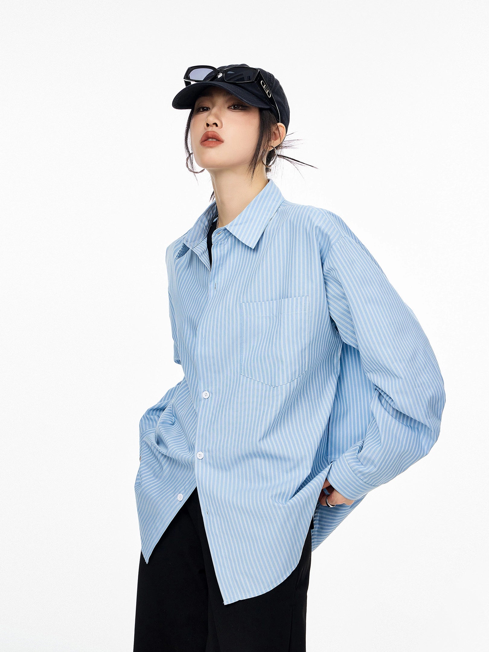 ICH MODE 美式复古条纹长袖衬衫女夏季新款宽松休闲翻领衬衣外套