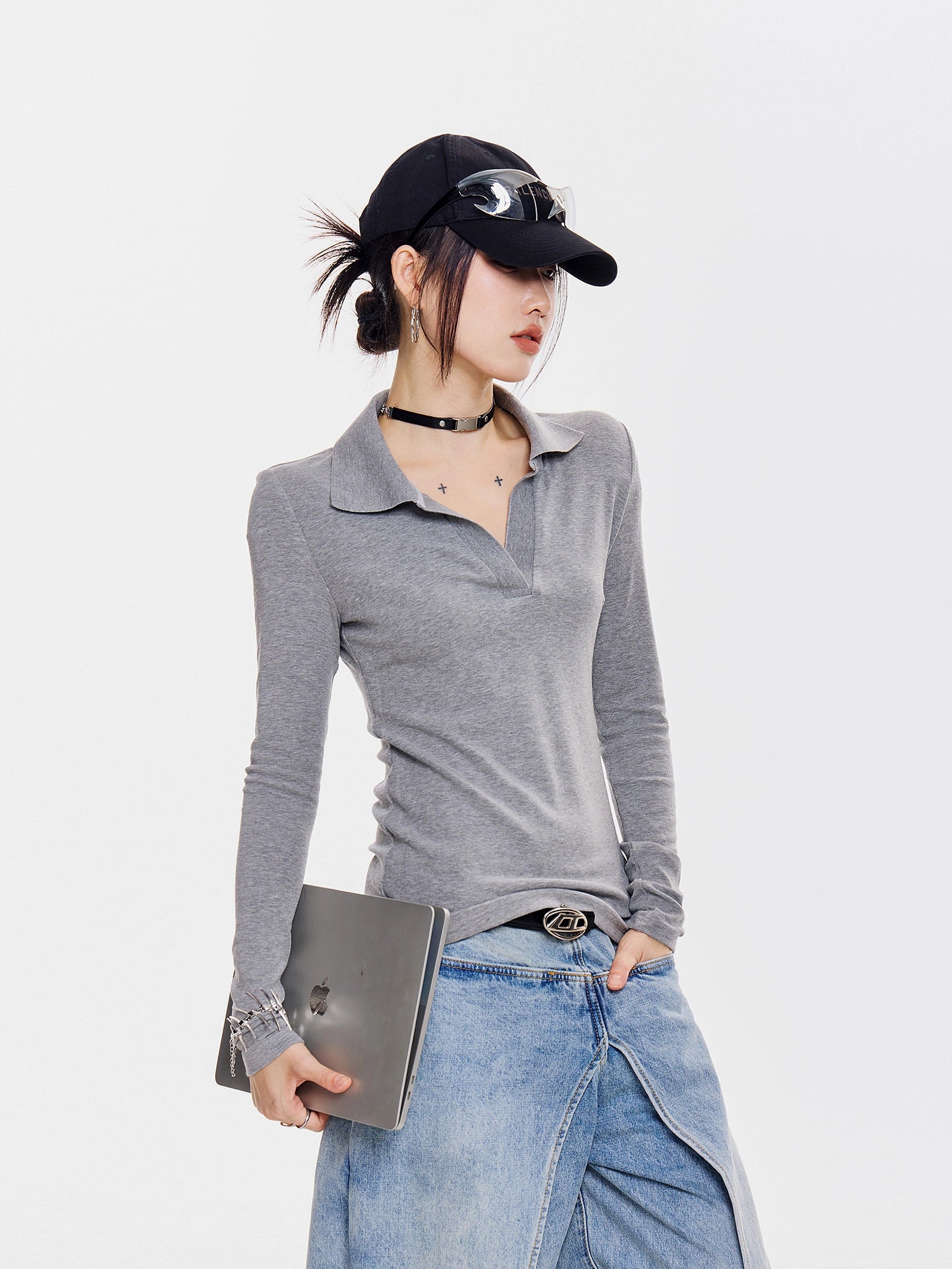 ICH MODE 美式POLO领针织长袖T恤女新款秋冬季修身上衣内搭打底衫