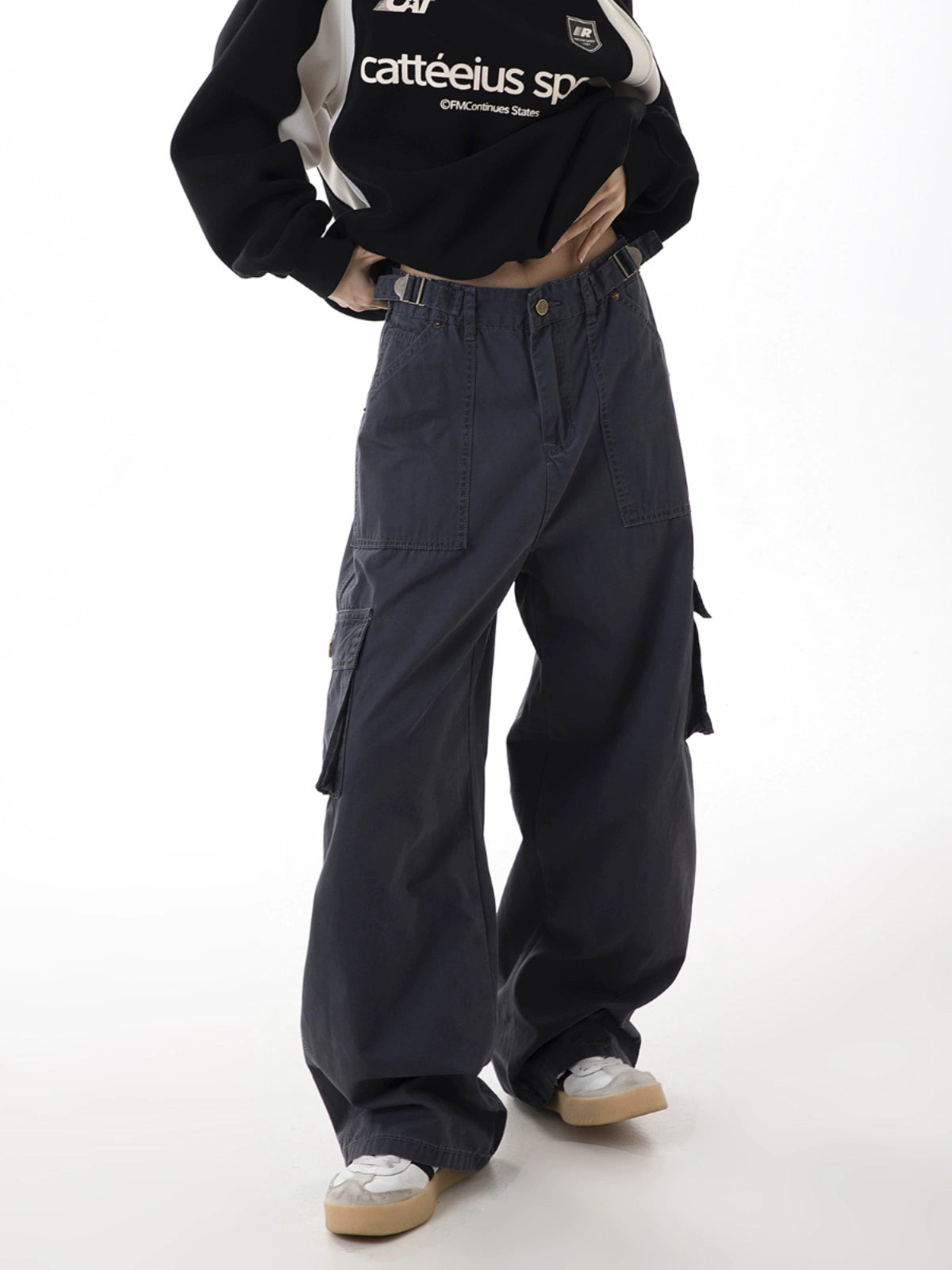 ICH MODE 美式复古口袋工装裤女2025新款秋宽松直筒阔腿休闲裤