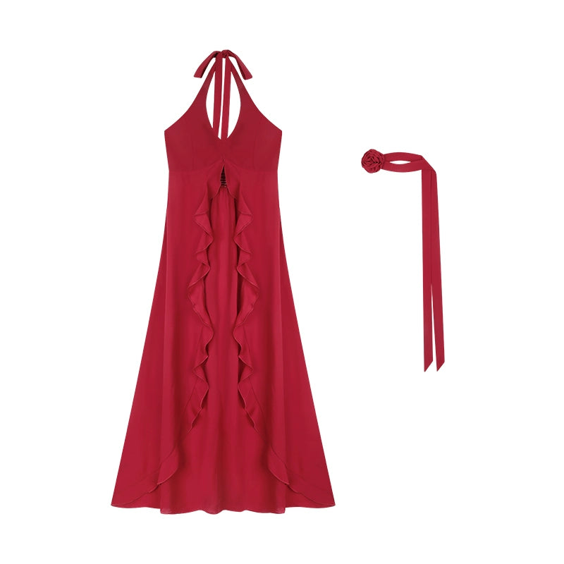 野生zero红色荷叶边挂脖背心连衣裙女夏季设计感小众显瘦无袖上衣