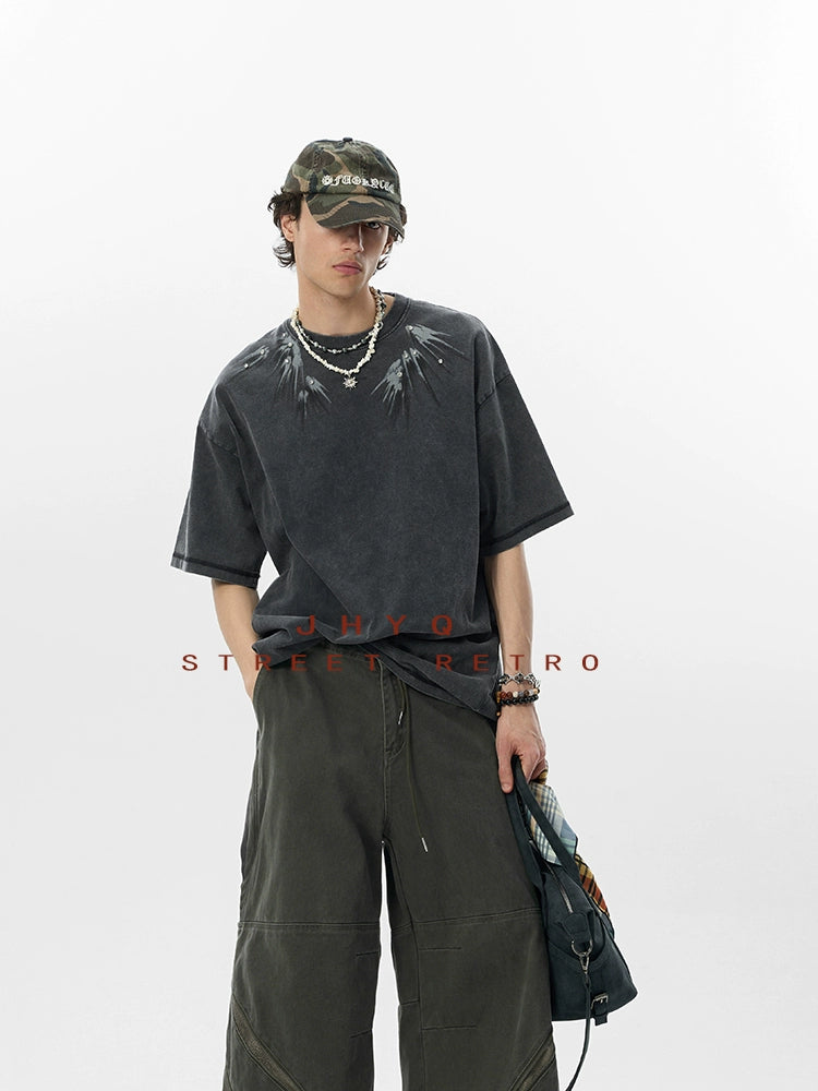 【燕尾】JHYQ美式水洗做旧印花镶钻短袖T恤男宽松重磅圆领上衣夏