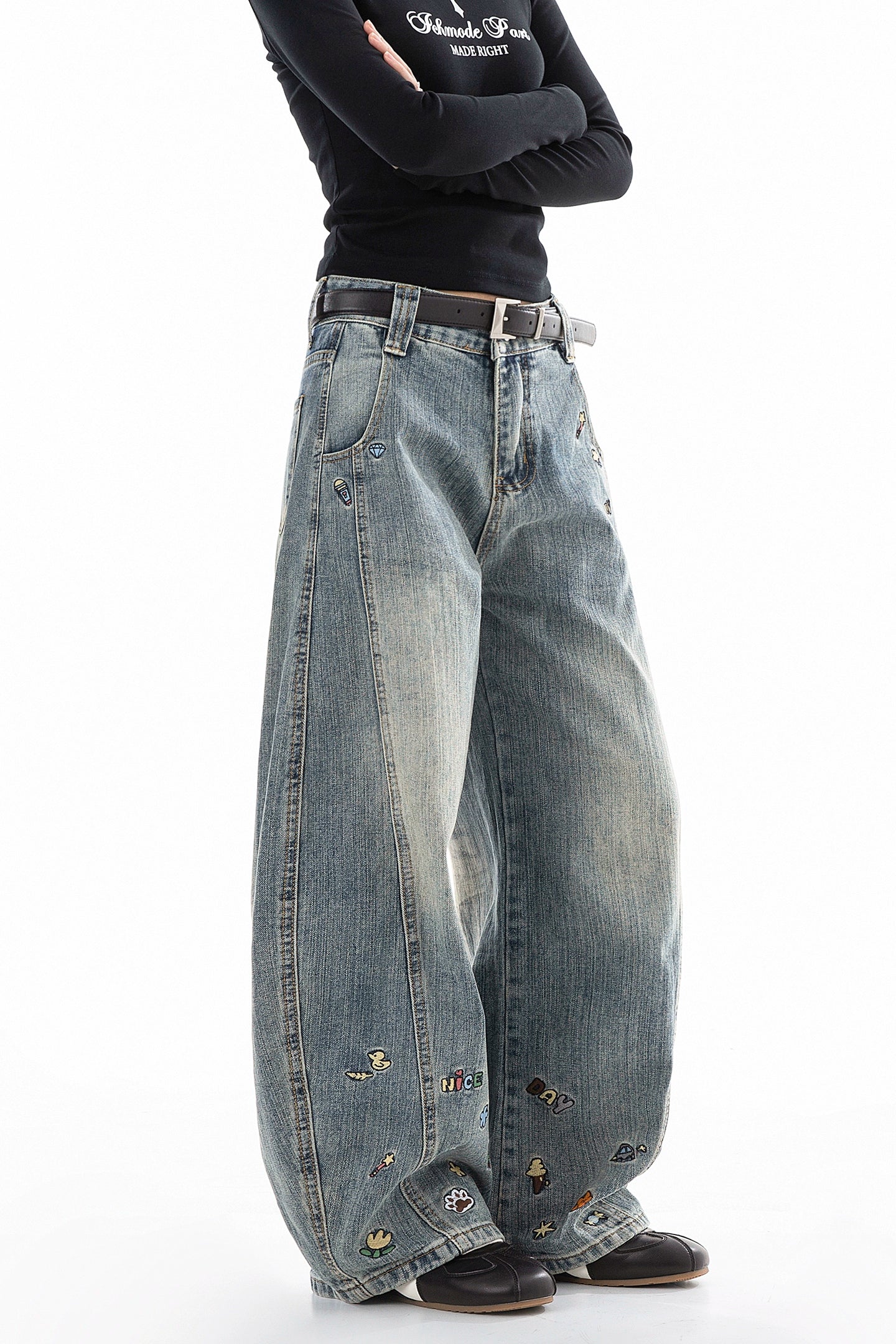 ICH MODE 美式复古小刺绣牛仔裤女宽松直筒裤阔腿弯刀裤休闲裤子