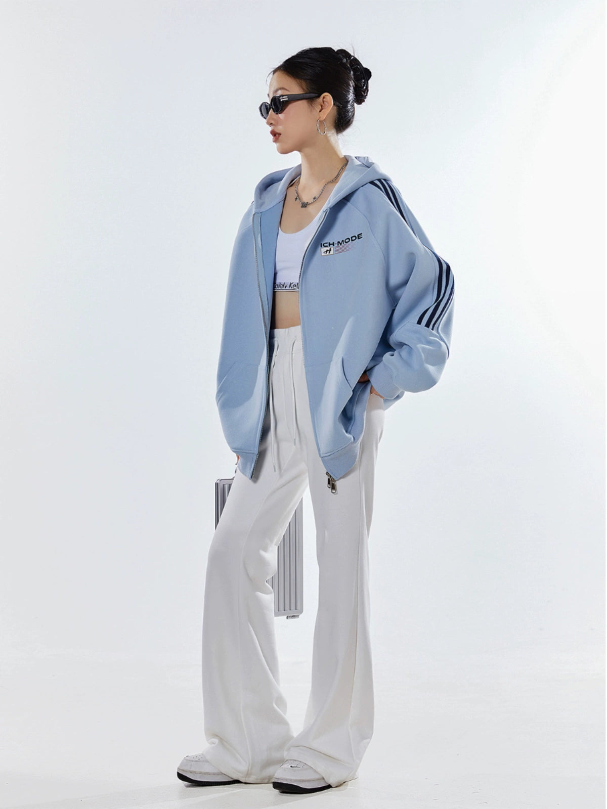 ICH MODE 400G质感条纹运动休闲美式卫衣开衫简约街头潮牌外套女