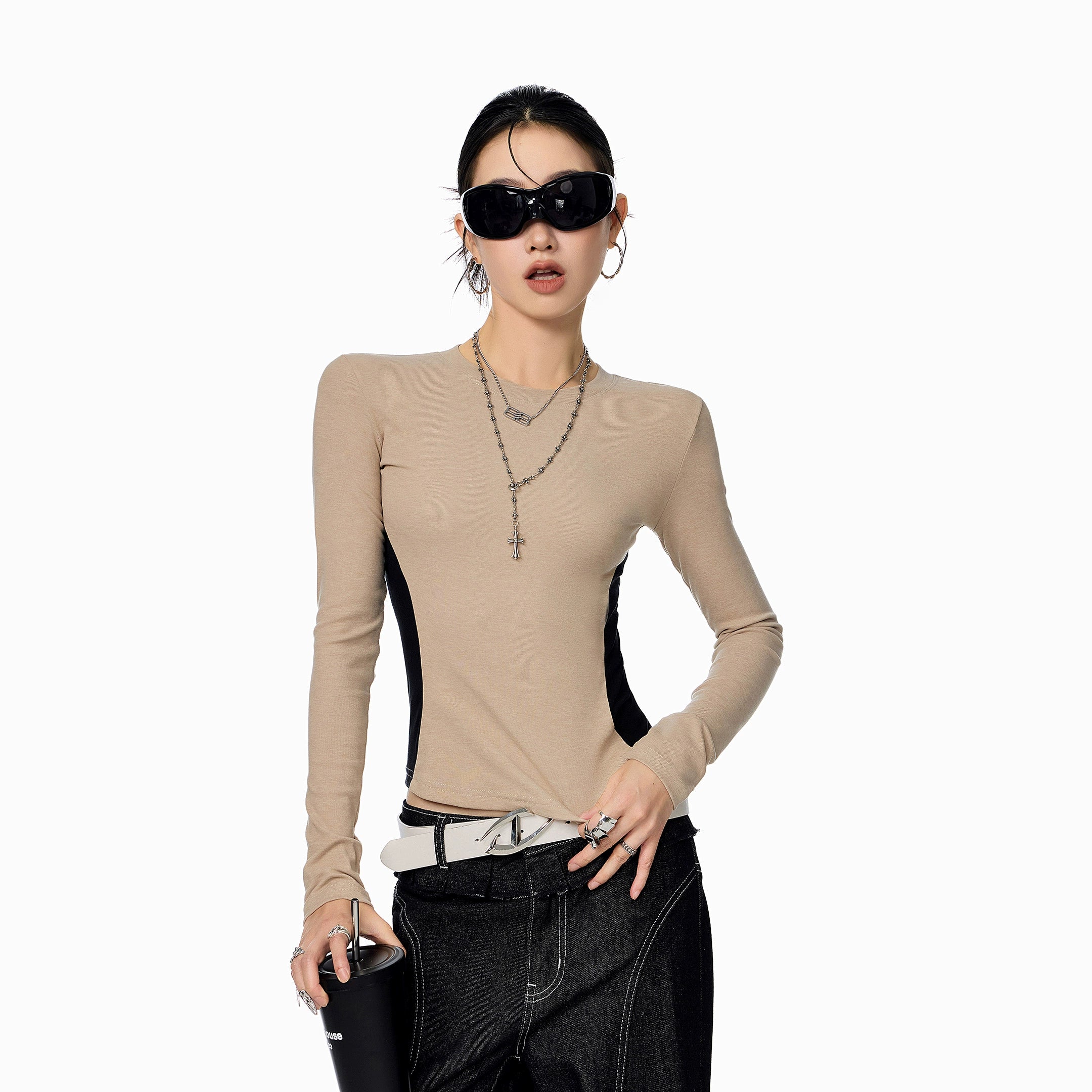 ICH MODE 美式复古撞色长袖T恤女秋冬修身内搭打底衫圆领正肩上衣