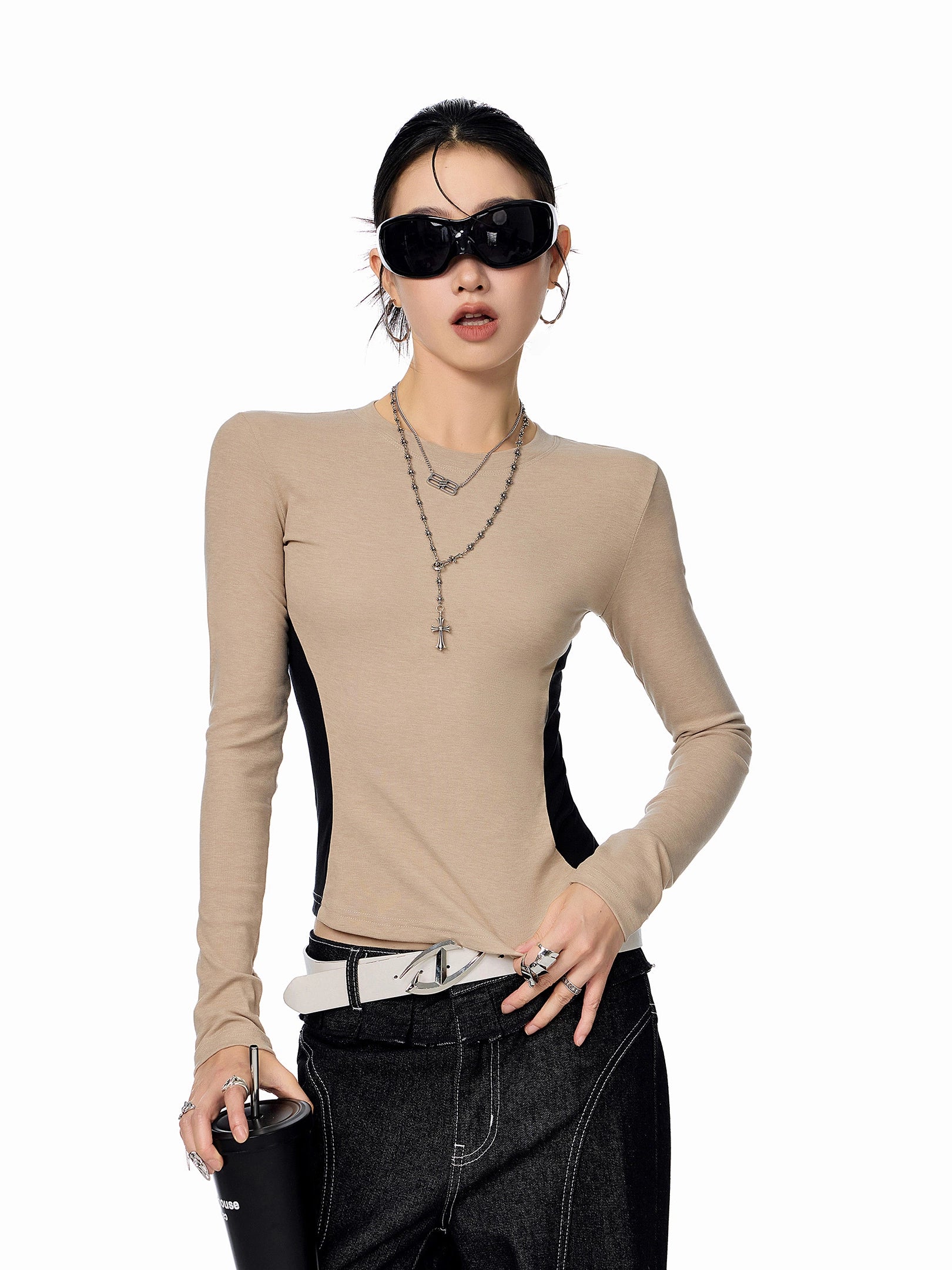 ICH MODE 美式复古撞色长袖T恤女秋冬修身内搭打底衫圆领正肩上衣