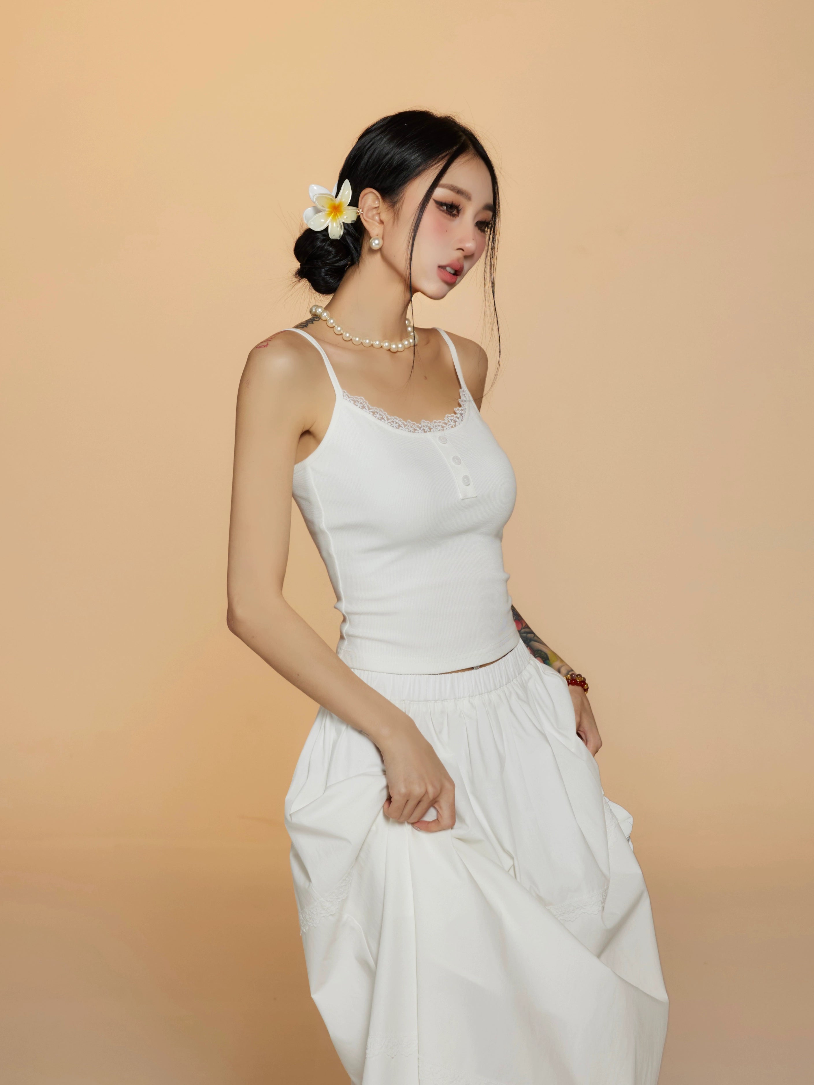 野生zerocircle 辣妹套装裙女春季白色蕾丝吊带背心显瘦a字长裙子