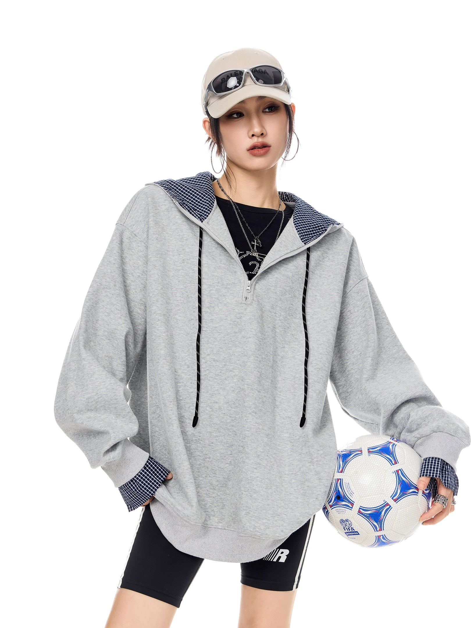 ICH MODE 美式复古格子拼接连帽卫衣女秋冬季半开领运动上衣外套