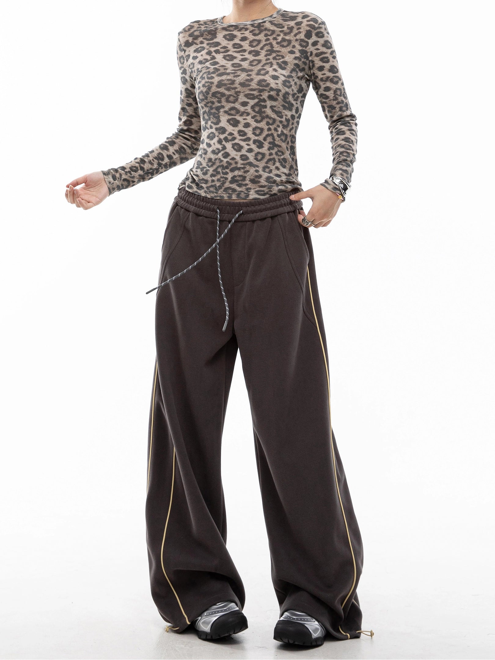 ICH MODE 美式复古条纹休闲裤女直筒宽松阔腿裤运动裤百搭卫裤