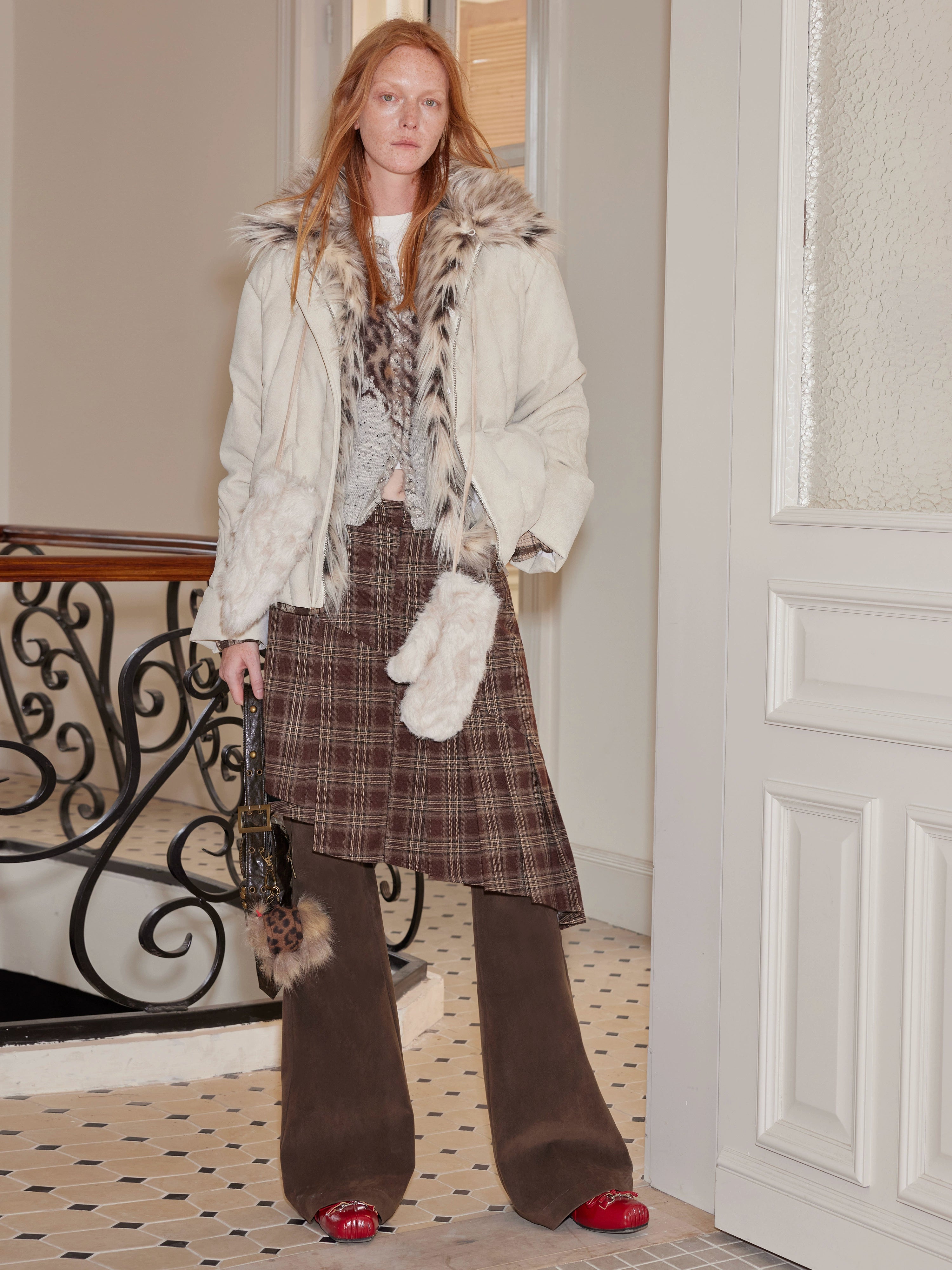 2th Desire叠穿神器格纹拼接设计感假两件微喇麂皮休闲西装裙裤女