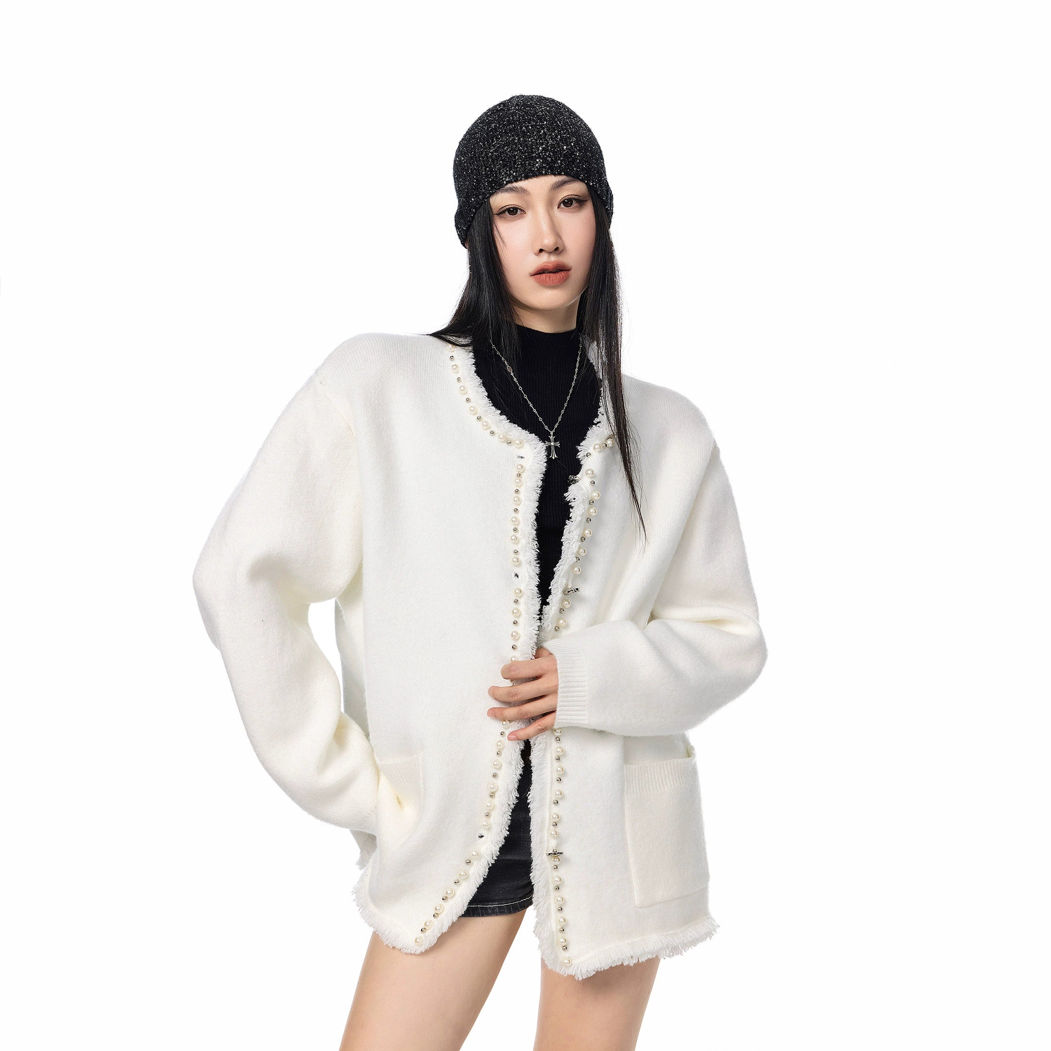 ICH MODE 美式复古珍珠流苏针织开衫女秋冬季小香风慵懒毛衣外套