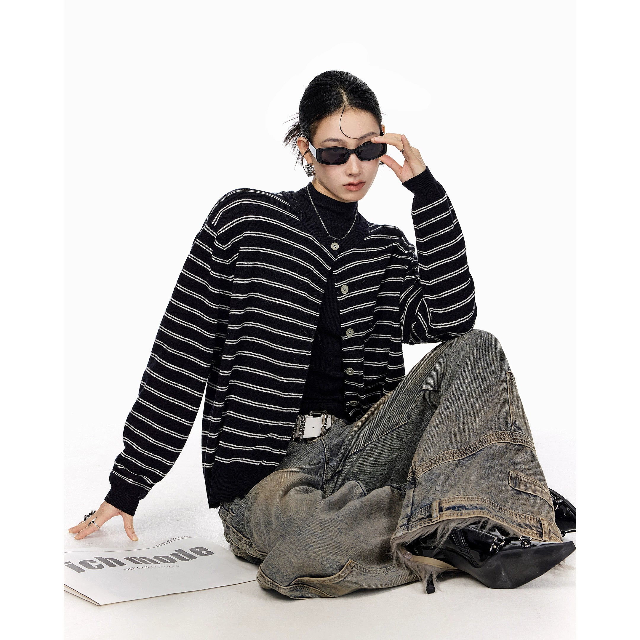 ICH MODE 美式复古条纹针织开衫女秋冬宽松毛衣休闲外搭上衣外套