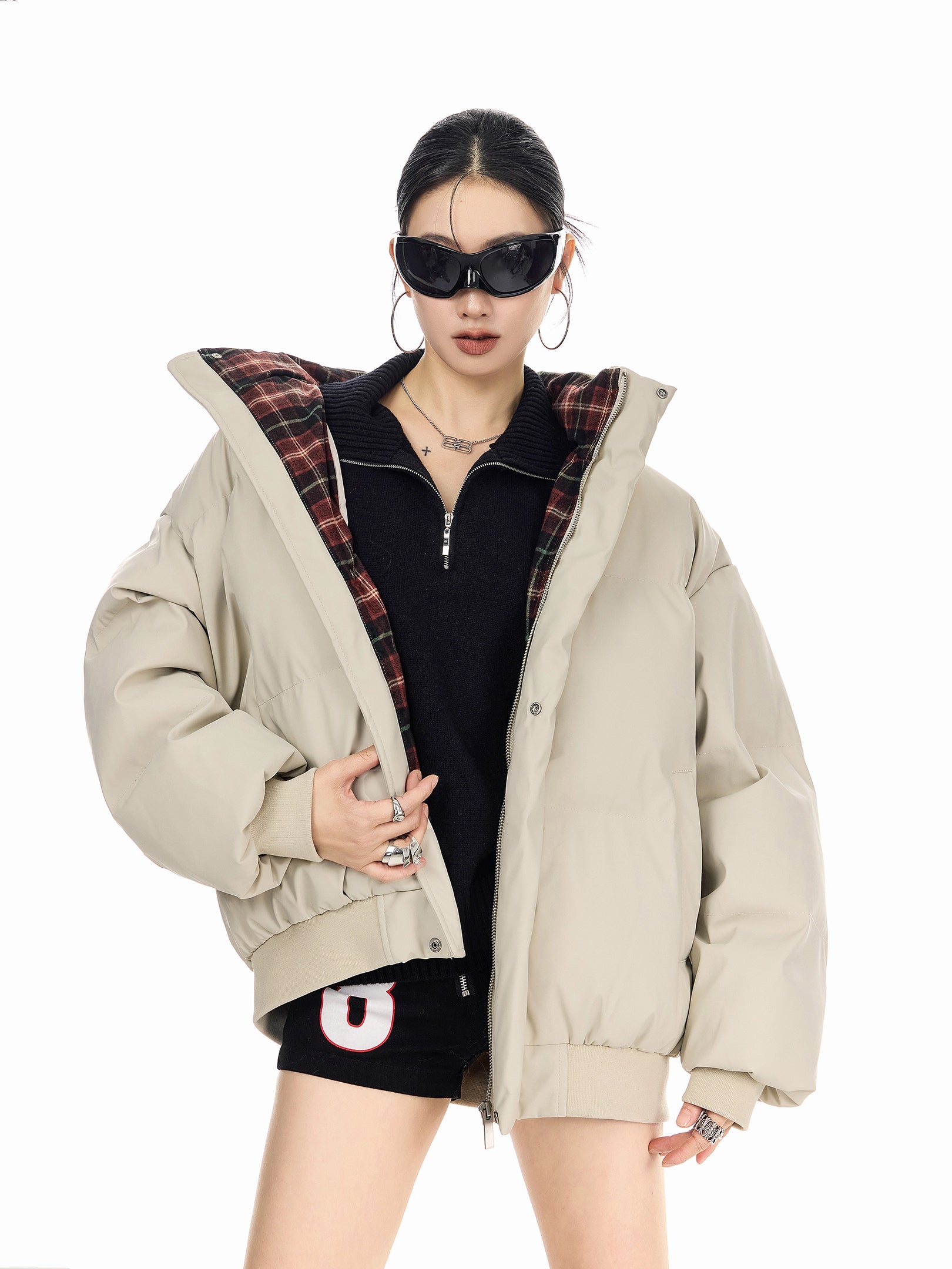 ICH MODE 美式复古格子拼接棉服女秋冬季保暖防寒面包服棉衣外套