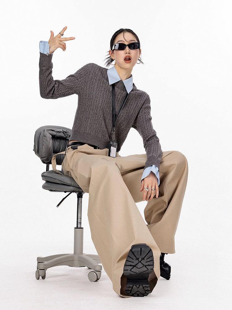 ICH MODE 美式复古假两件毛针织衫女2025秋冬新款衬衫领套头毛衣